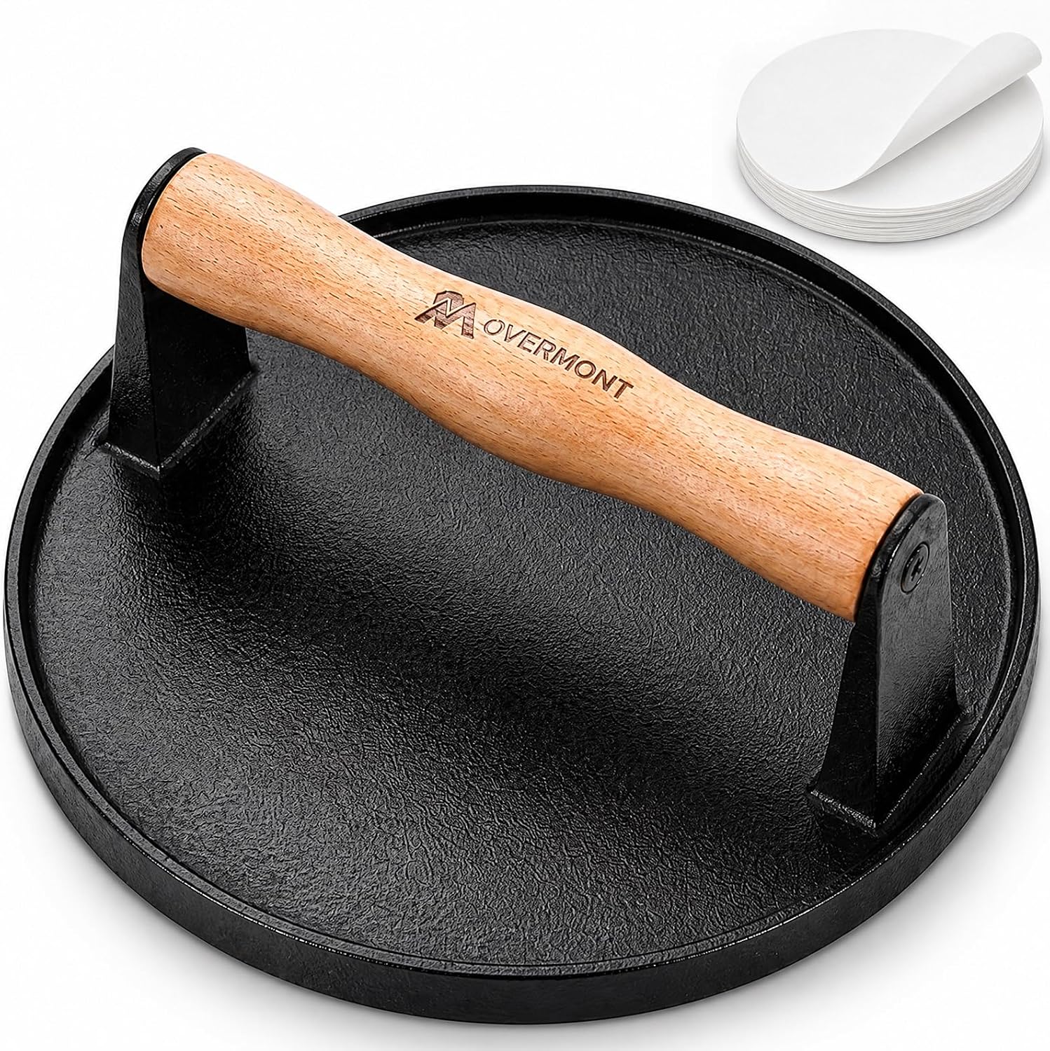 Detalle de OVERMONT Round 7" Cast-Iron Smash Burger Press with Flat Base and Wood Handle