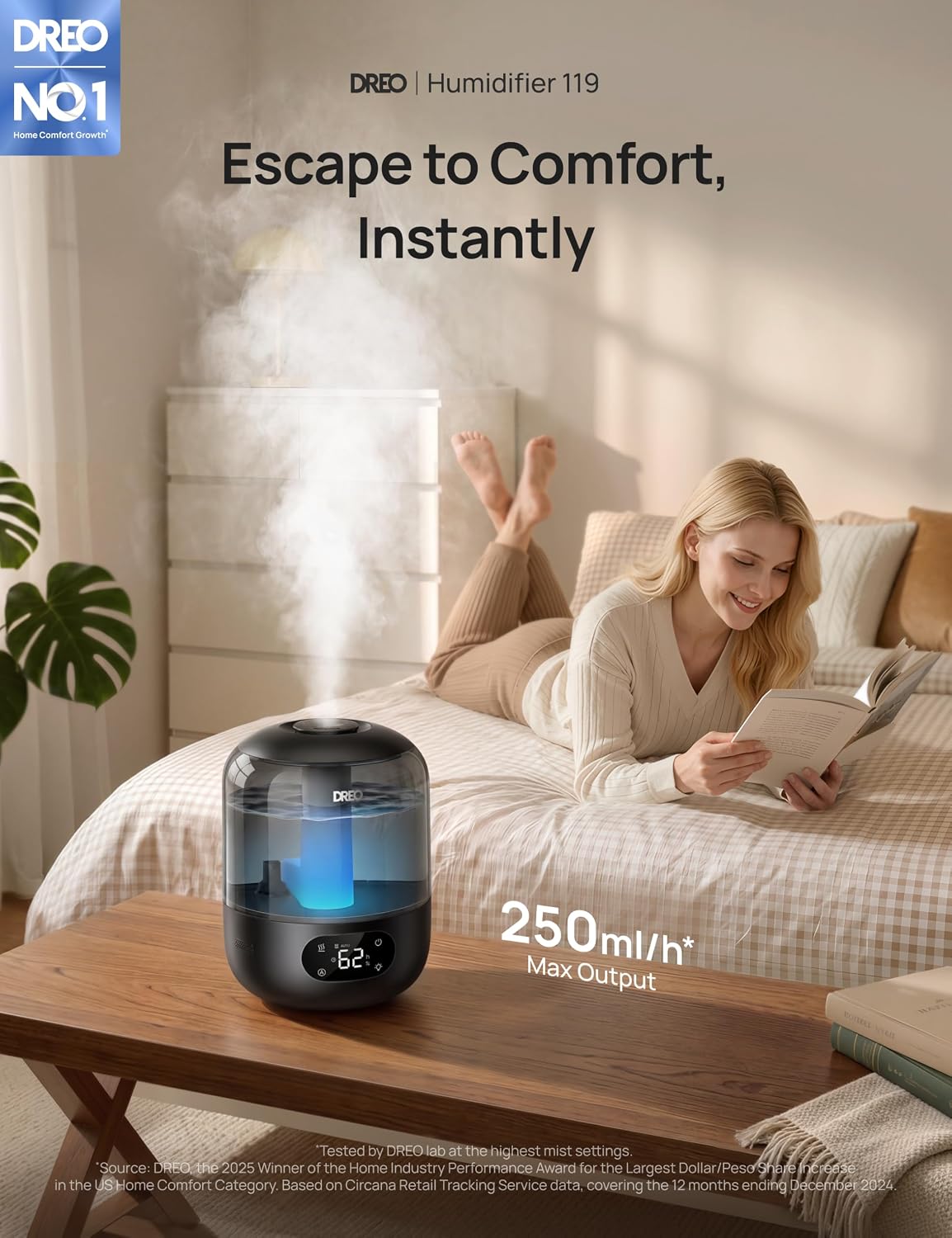Detalle de DREO DR-HHM006 Black Cool Mist Humidifier, 3 L Top-Fill Tank and Aroma Tray