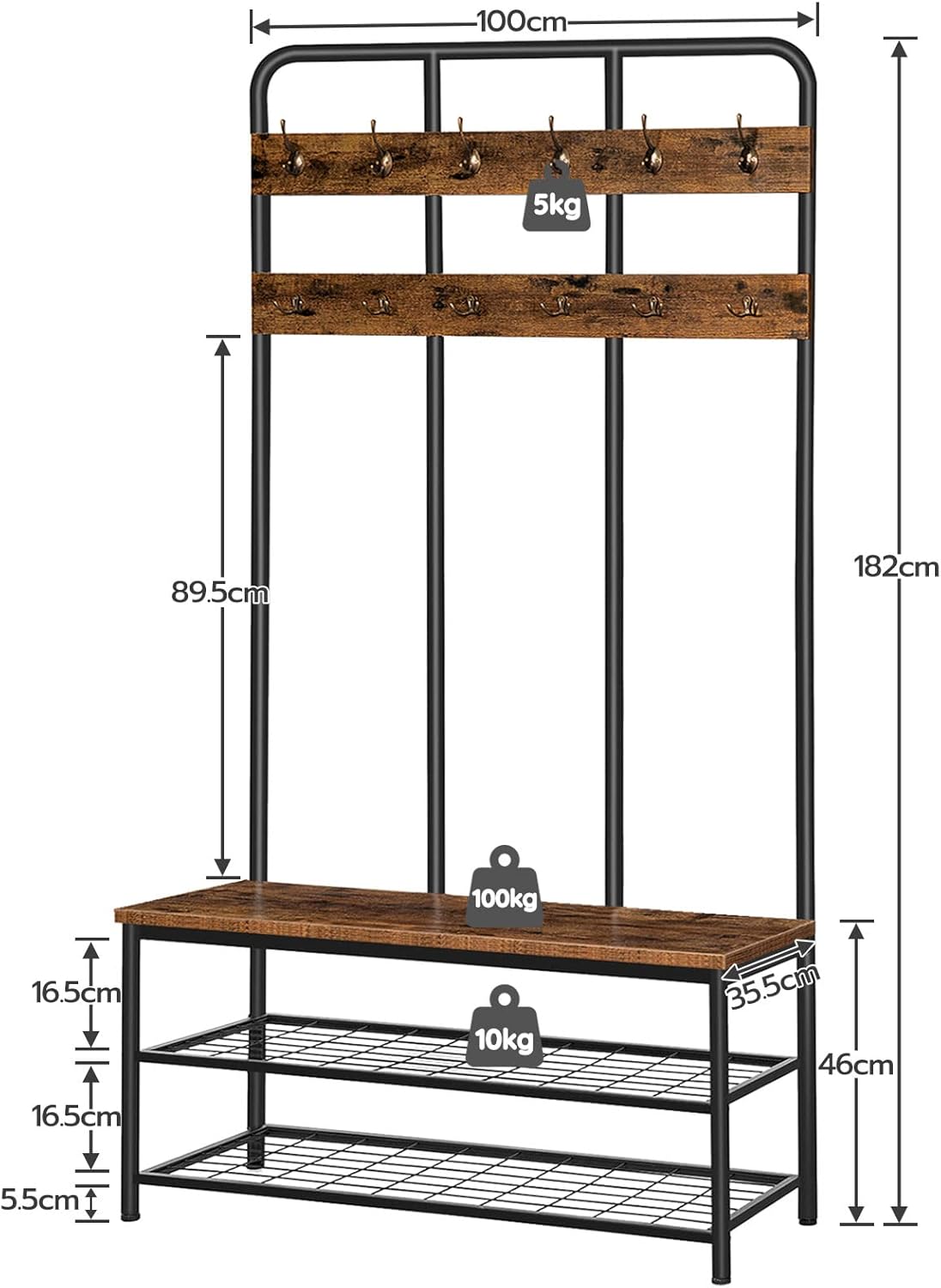 Thumbnail 5 de HOOBRO Grande Attaccapanni con Scarpiera e 12 Ganci – Mobile ingresso in metallo, stile industriale, 180 x 100 x 35,5 cm
