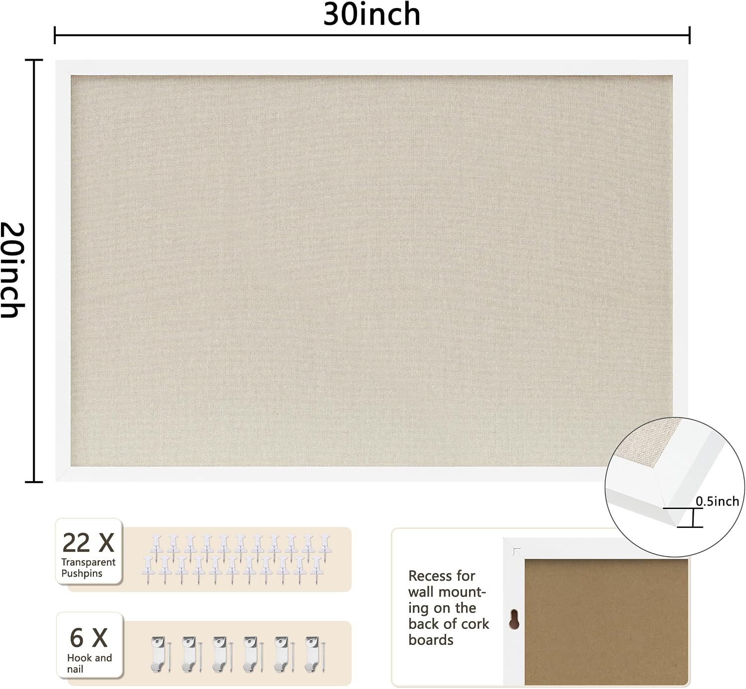 Detalle 2 de DAHAPYBOO Cork Boards, 2-Pack, 30" x 20", White Linen with Pine Frames
