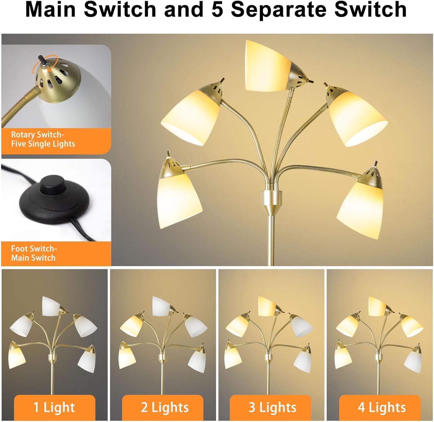 Detalle de 5 Way LED Floor Lamp | Modern Gold Tree with 10 Shades (5 White, 5 Colourful)