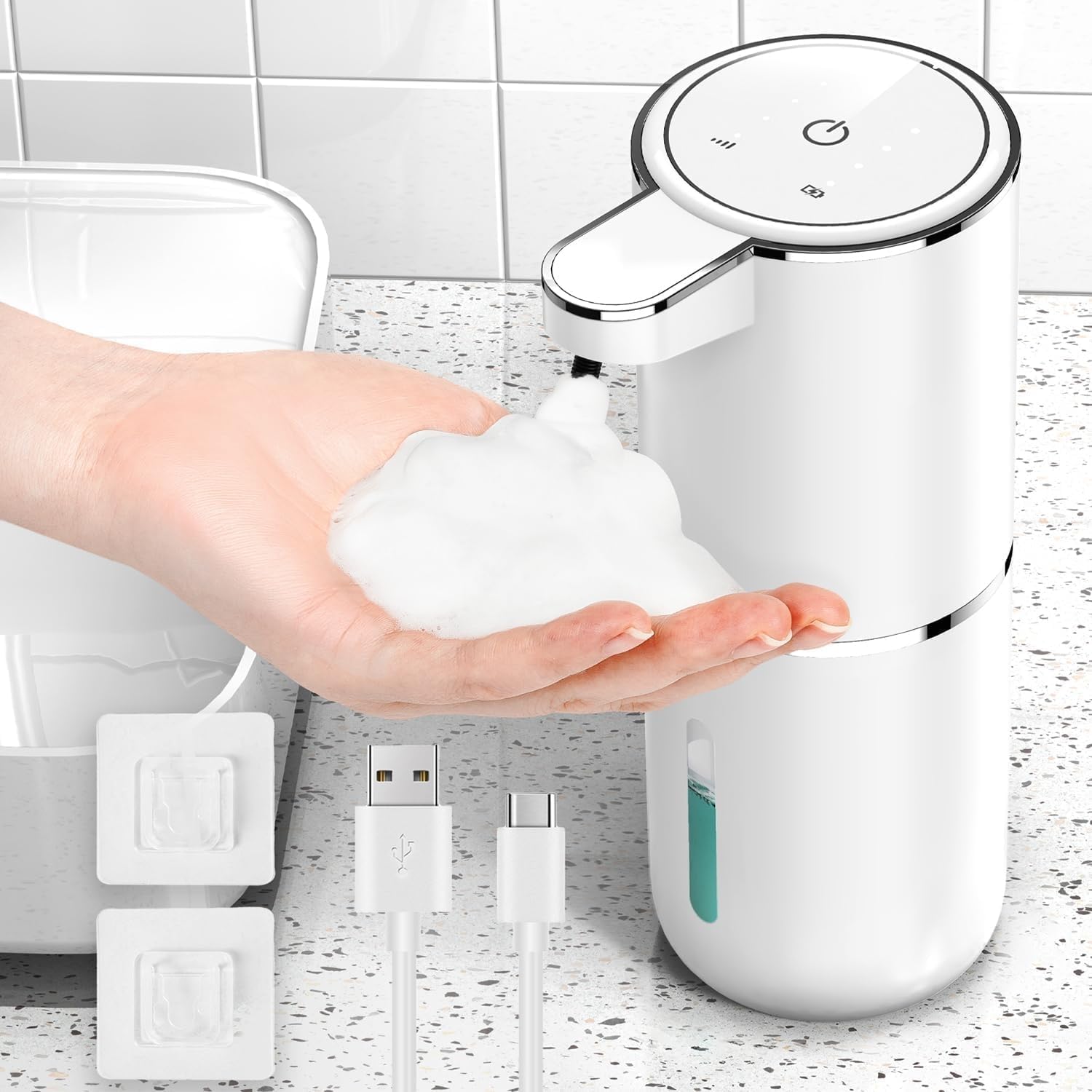 Detalle de HAPPHOOH Seifenspender Automatisch – Berührungslos, wandmontiert, 380 ml, 4-stufige Schaummenge, USB-C Aufladung