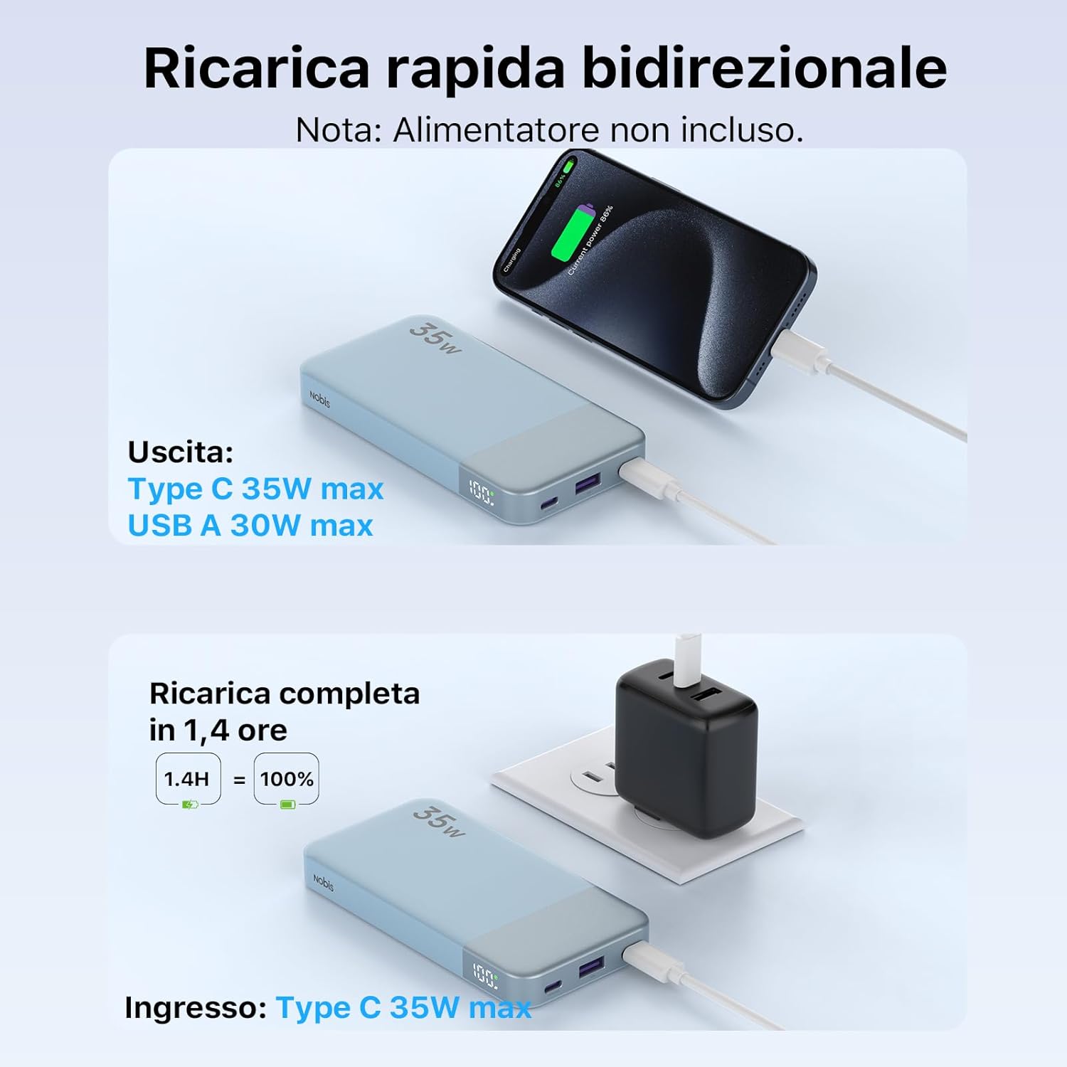 Detalle de NOBIS Power Bank 35W Portatile 10000mAh – ricarica rapida, display e triple uscita