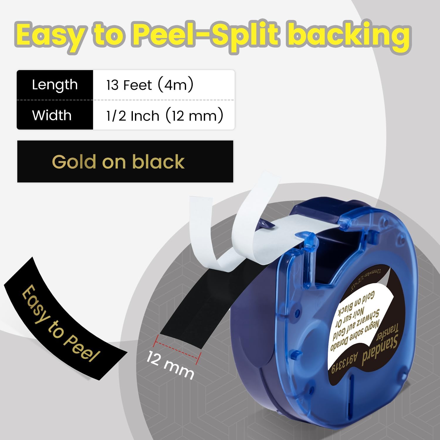 Detalle 2 de Label KINGDOM 913319 LetraTag Label Tape, Gold on Black, 3-Pack