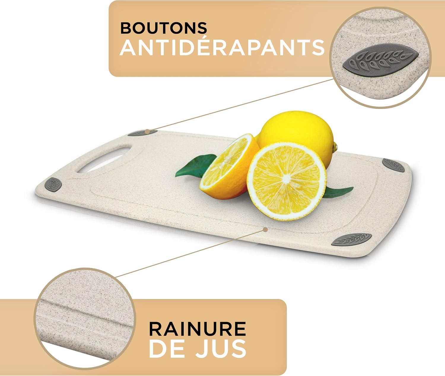 Detalle de Exitoso Lot 2 Planches à Découper Paille Blé Beige – Cuisine Légère, Poignée Facile, Rainure Jus et Antidérapante