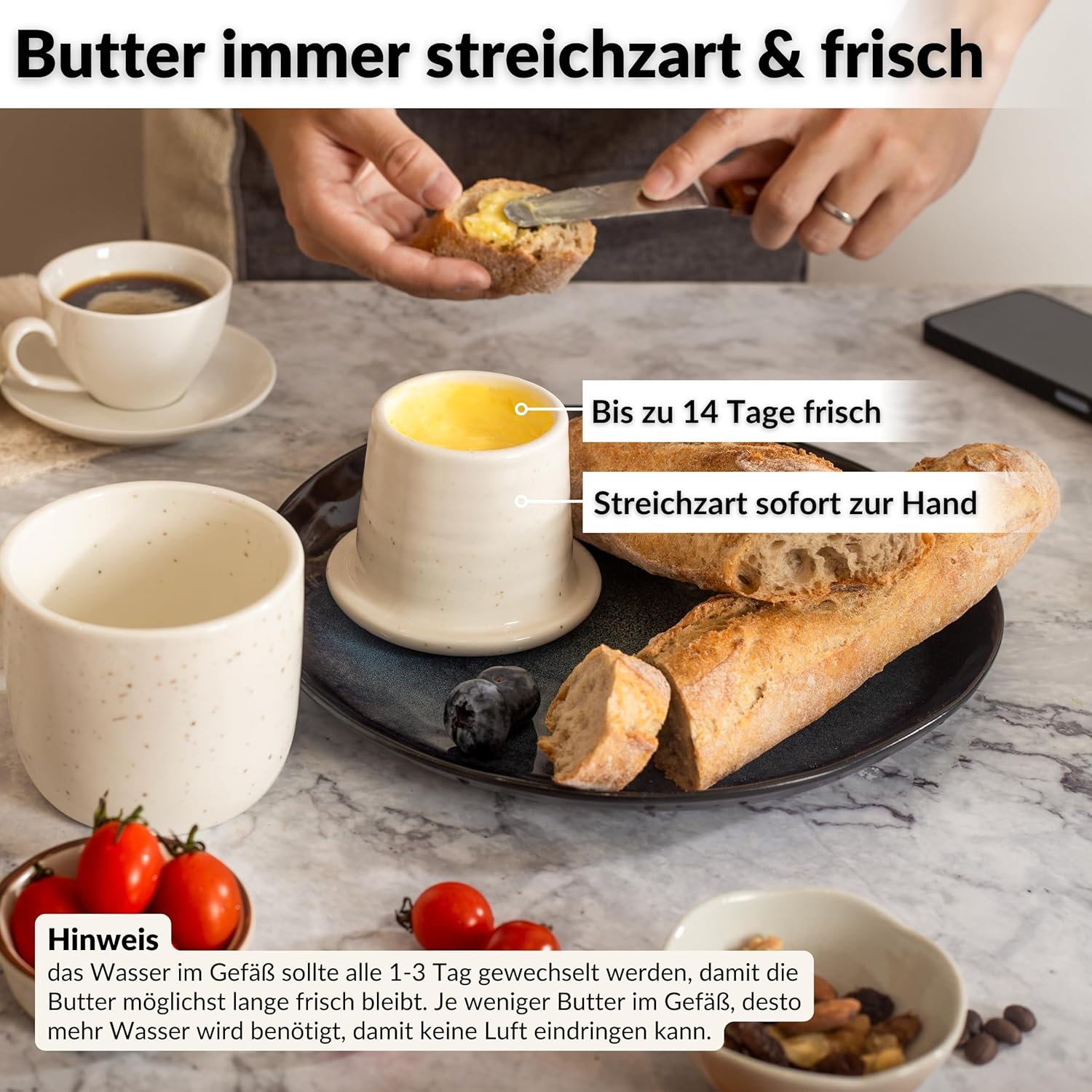 Detalle de DEKAZIA Französische Butterdose wassergekühlt (Butterglocke) für 250 g – Keramik mit Wasserrahmen
