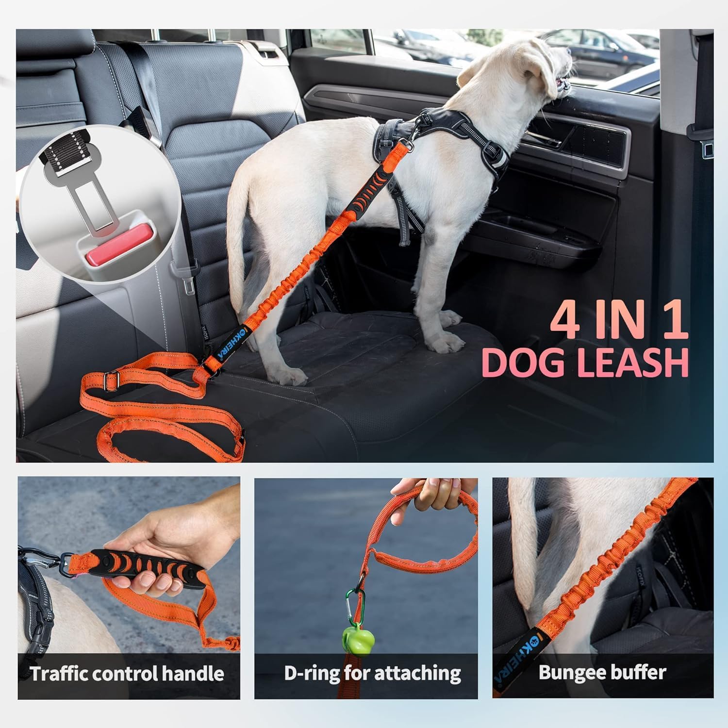 Detalle de IOKHEIRA Bungee Dog Leash: Anti-Pull, Car Seat Belt Buckle & Reflective Safety