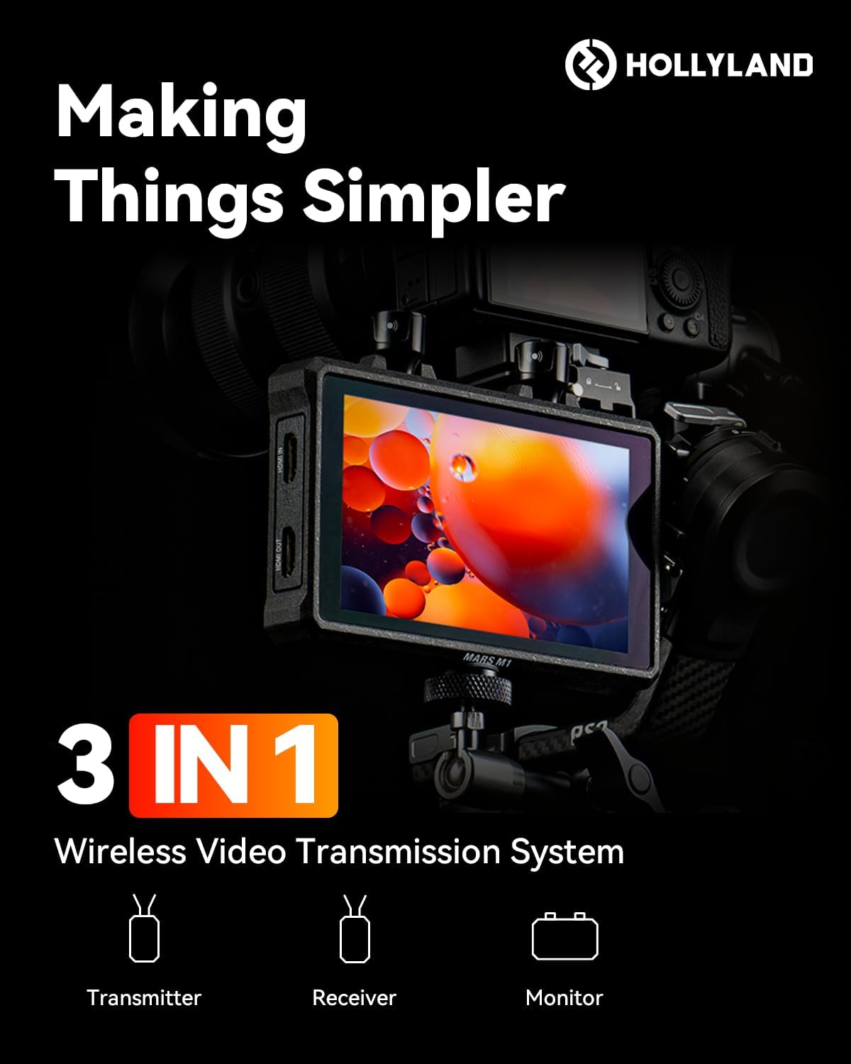 Detalle de Hollyland Mars M1 Enhanced 3-in-1 Wireless SDI/HDMI Transmission Kit (Transmitter, Receiver & Monitor) with 450ft LOS