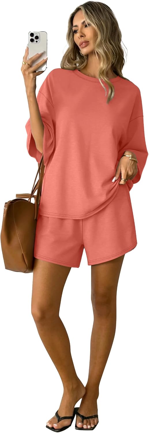 Detalle 2 de Sampeel Women’s 2-Piece Lounge Set with 3/4 Sleeve Oversized Top and Drawstring Shorts
