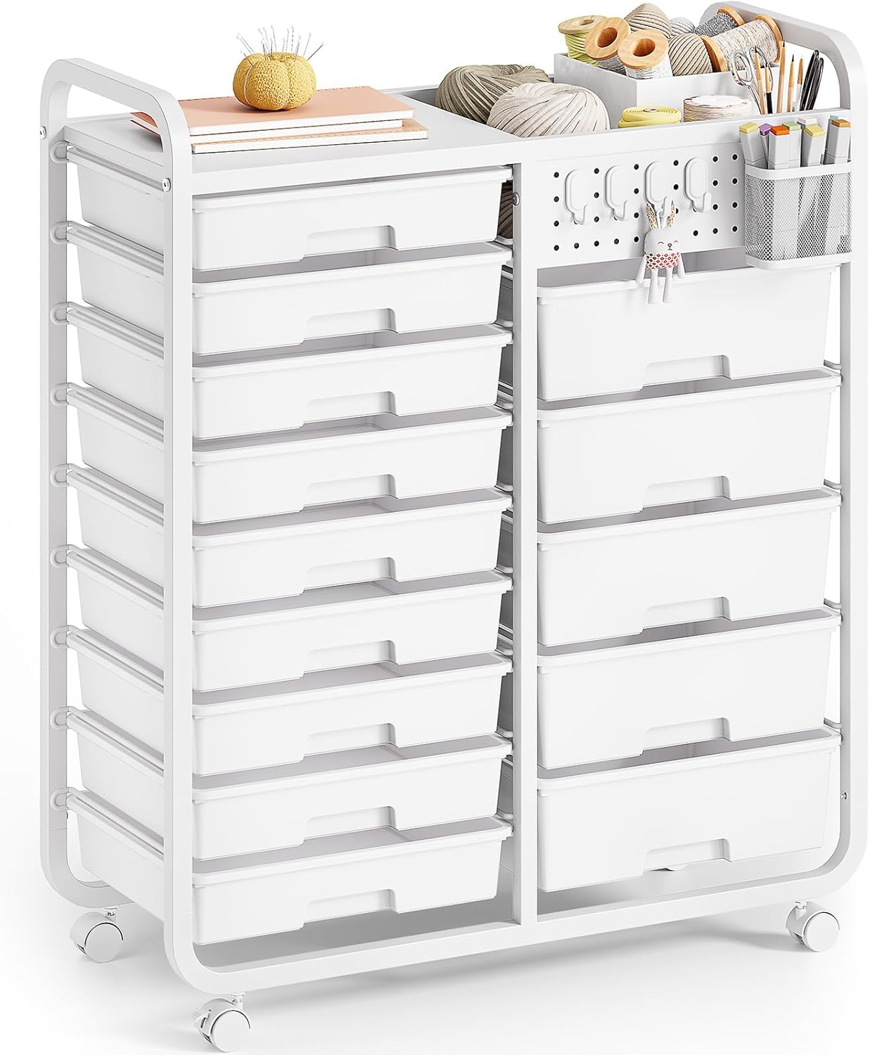 14-Drawer Storage Craft Organiser Trolley Cart with DIY Pegboard, Hanging Basket & 4 Hooks (White)