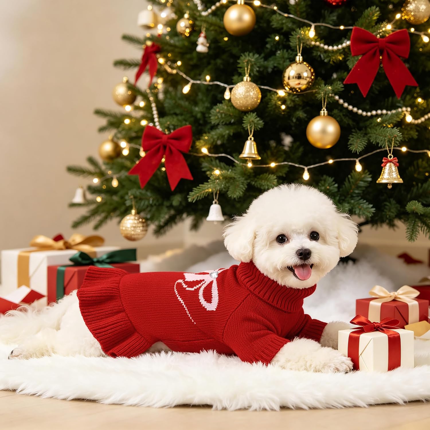 Detalle 1 de YUDODO YU89013RED0M1 Dog Sweater Dress, Red Stretch Knit with Turtleneck
