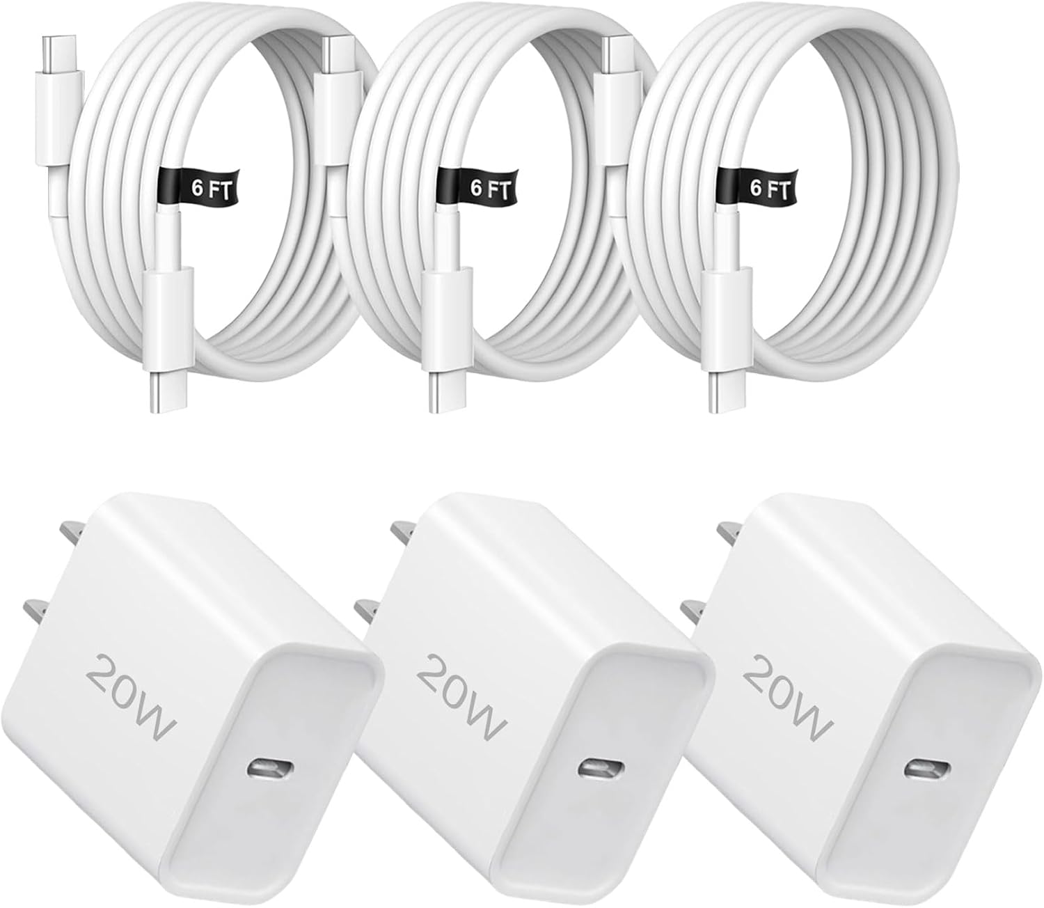 Detalle de 20W Fast Charger 3-Pack with USB-C Cables for iPhone 17/16/15 and iPad
