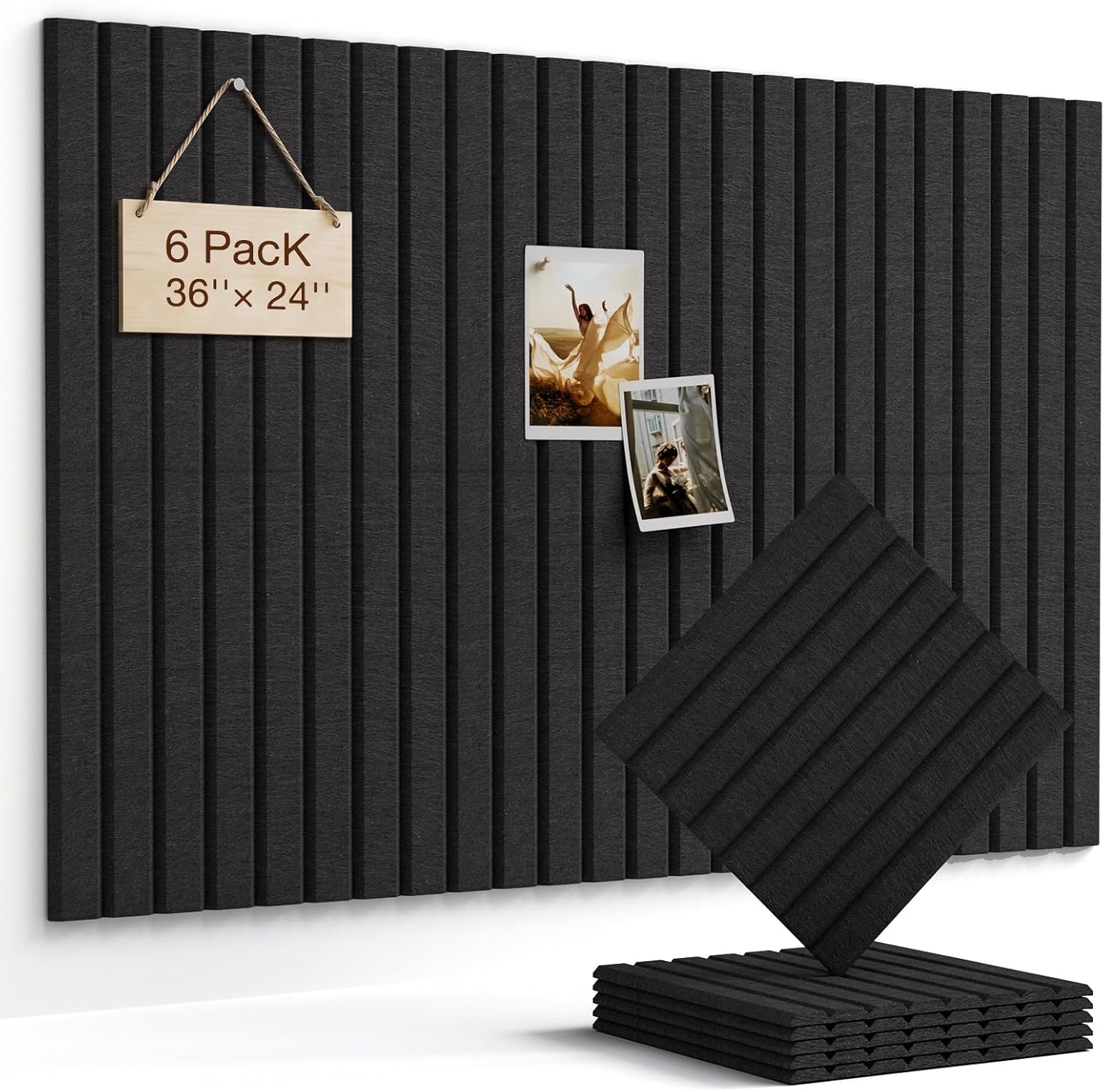 Detalle de Woovio 36" × 24" Felt Bulletin Board, Black, 6-Tile Wall Set