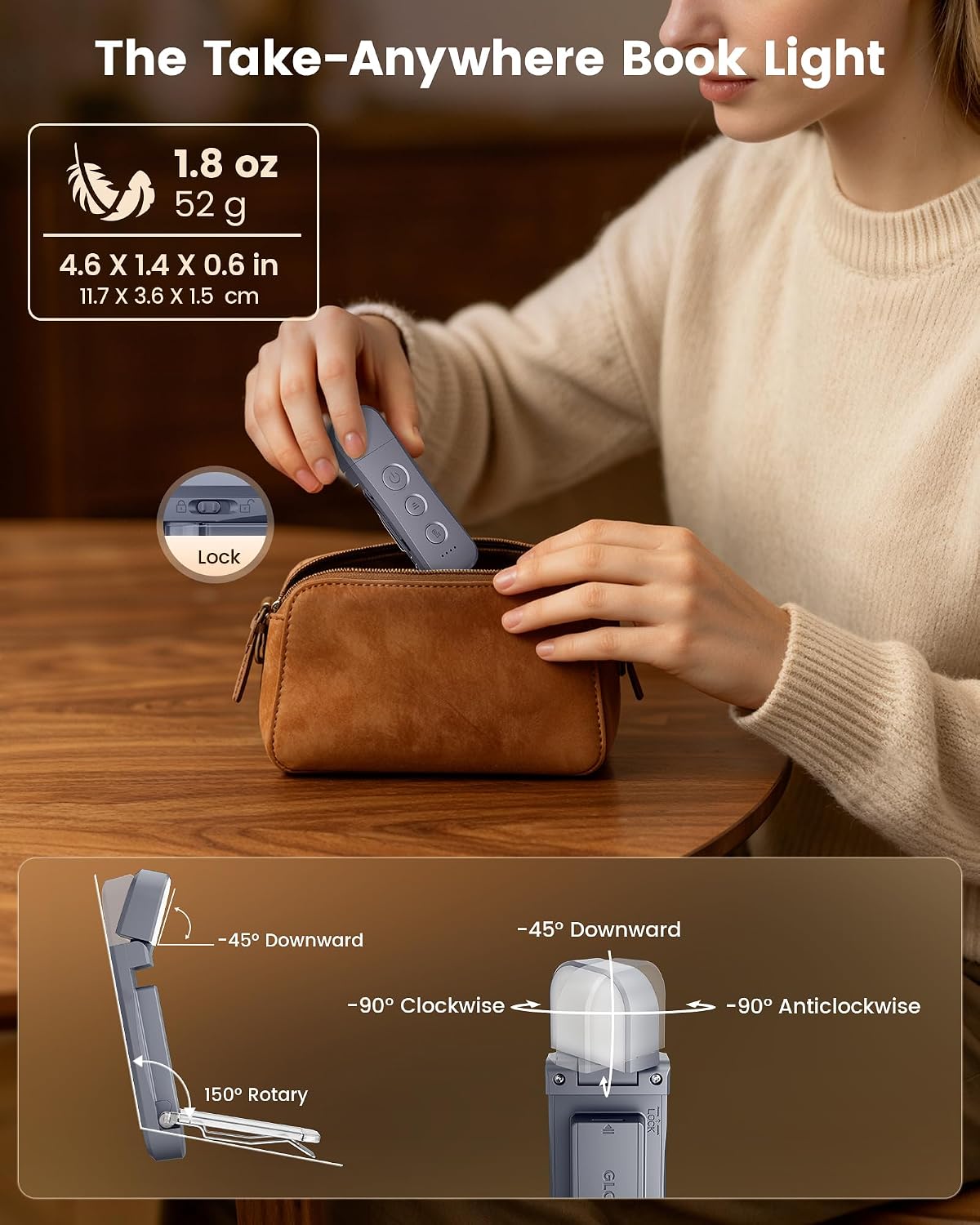 Detalle 2 de Glocusent A106 12-LED Book Light, 5 Color Temperatures, USB-C Rechargeable