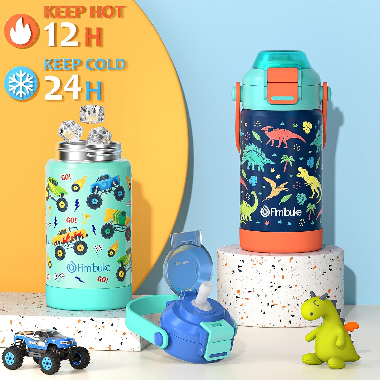 Thumbnail 3 de Fimibuke Kids Insulated Water Bottle with 3-in-1 Lid, 14oz, Leak-Proof 18/8 Stainless Steel (2-Pack)