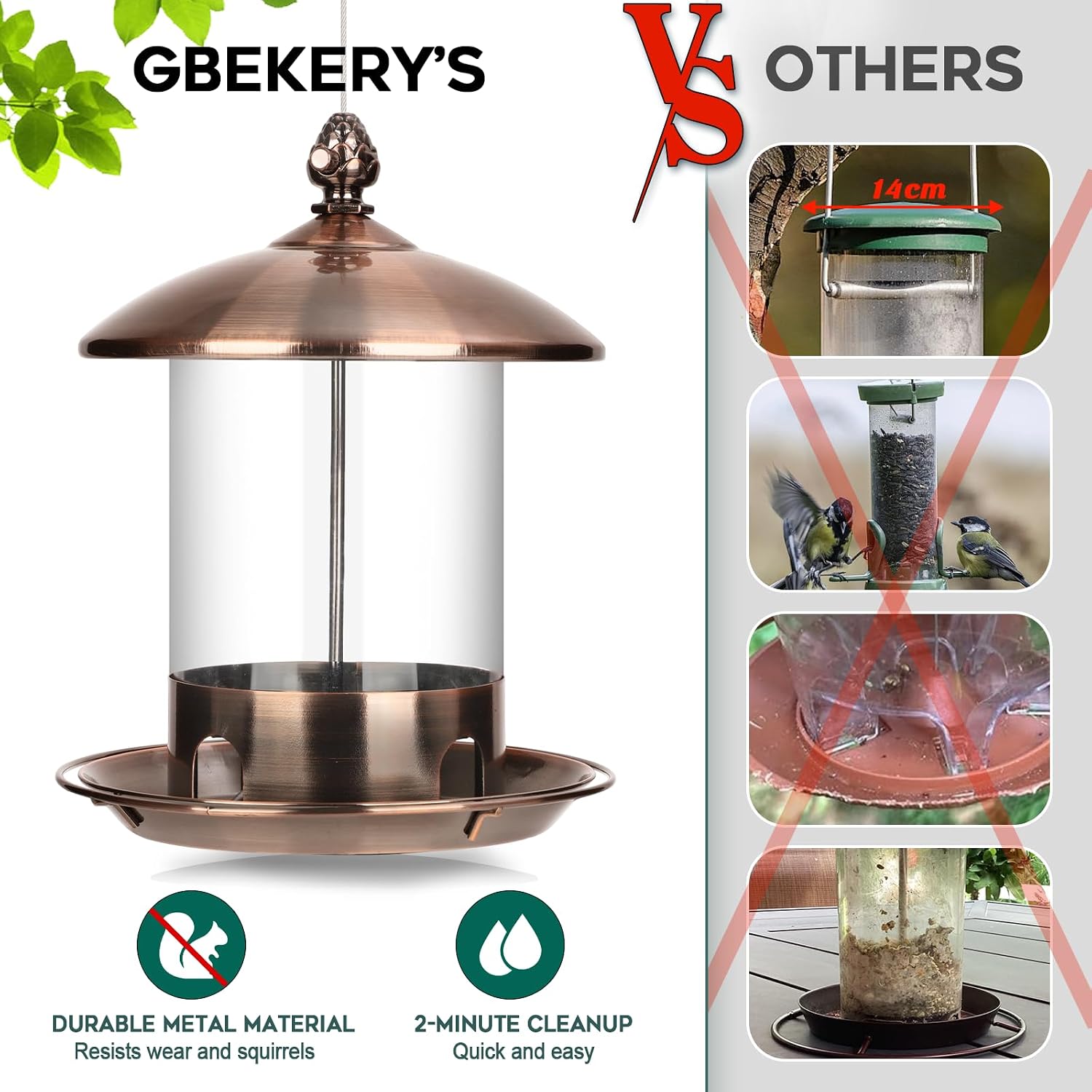 Detalle de Gbekery HKTY-WSQ-GTCG Hanging Bird Feeder, 2 lb Capacity, Copper, 360° Tray