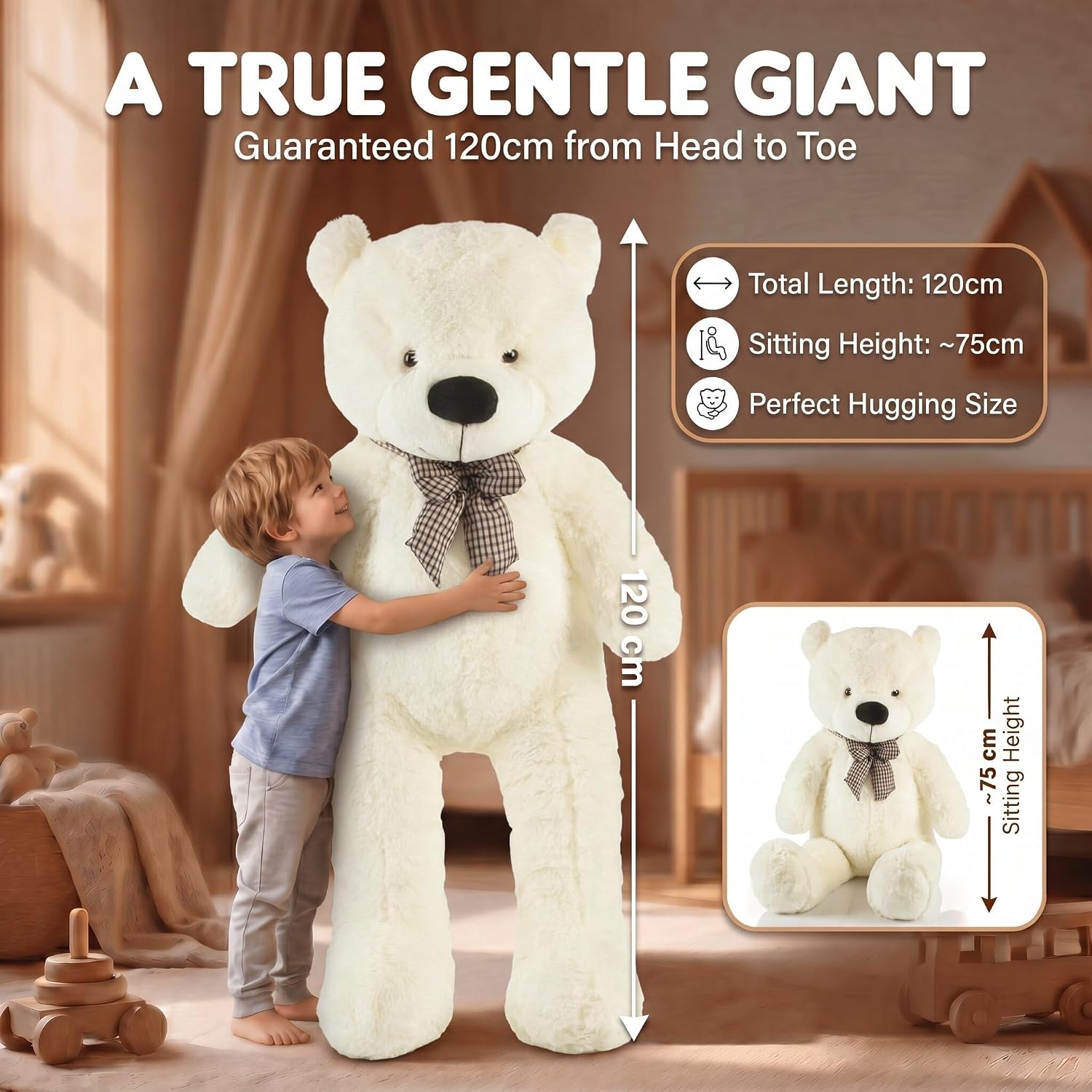 Thumbnail 4 de Feluna Giant Teddy Bear XXL 120 cm, white plush bear with tartan bow