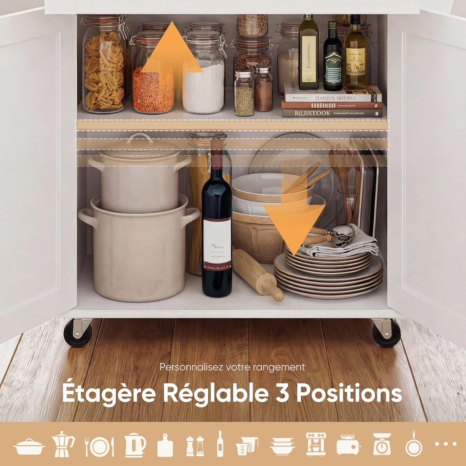 Detalle 1 de HOKEEPER chariot de cuisine mobile avec porte-serviettes, étagère à épices et tiroirs
