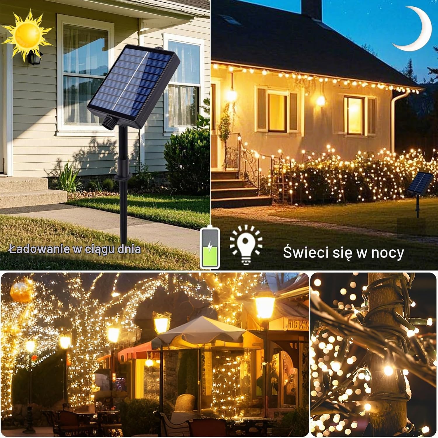 Detalle de Hopelit DCTYN-10W solarny łańcuch LED 10 m, 100 diod, ciepła biel