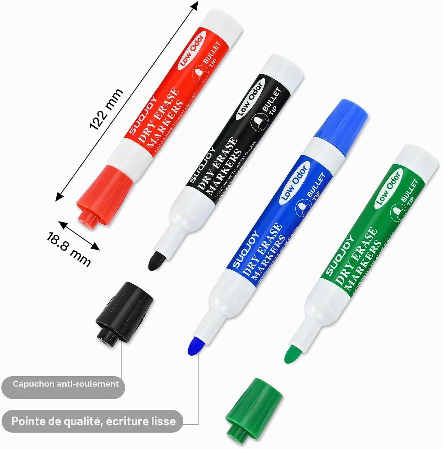 Detalle de SUQJOY Stylos pour Tableau Blanc – Lot de 12, 4 couleurs, pointe ogive, faible odeur