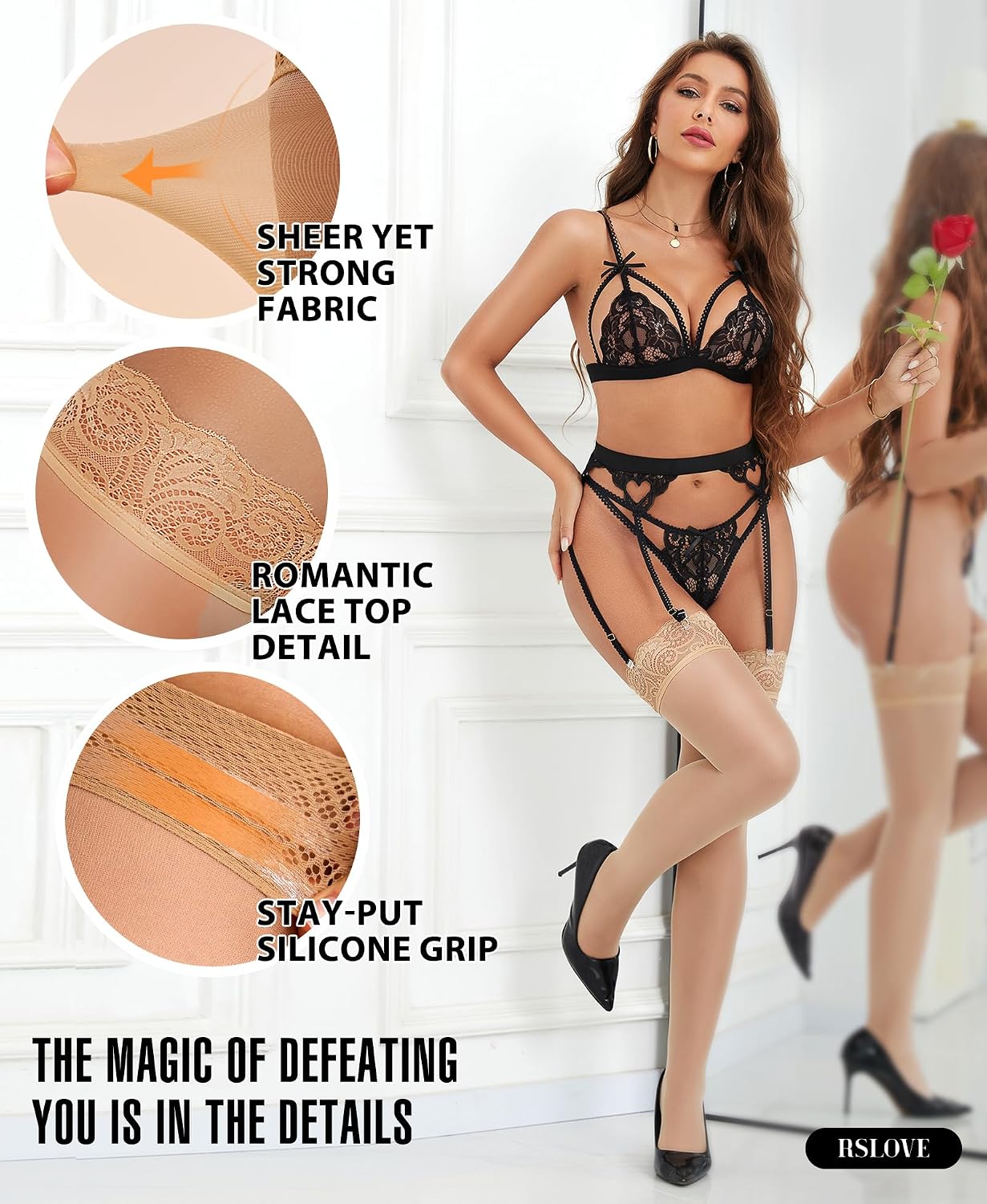 Thumbnail 2 de RSLOVE Women's Hold-Up Stockings with Floral Lace, 40D Nylon and Silicone Grip