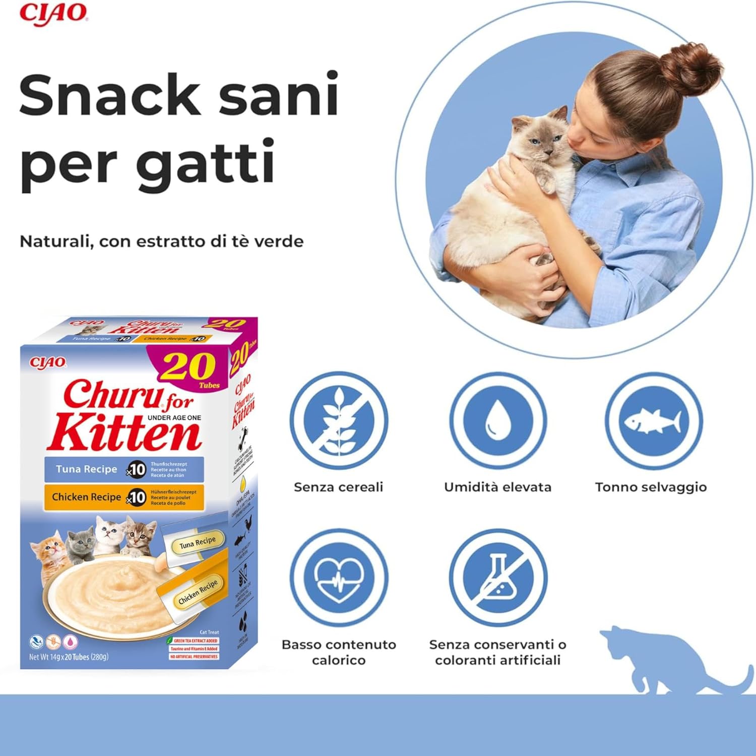 Detalle de INABA Churu Kitten Snack per Gattini sotto i 12 mesi – Tonno e Pollo, 20 stick da 14 g