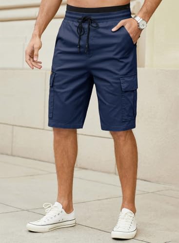 Detalle de JMIERR Cargo Shorts Herren – kurze Baumwoll-Shorts mit elastischer Taille, 6 Taschen, Blau, Größe L (EU 52)