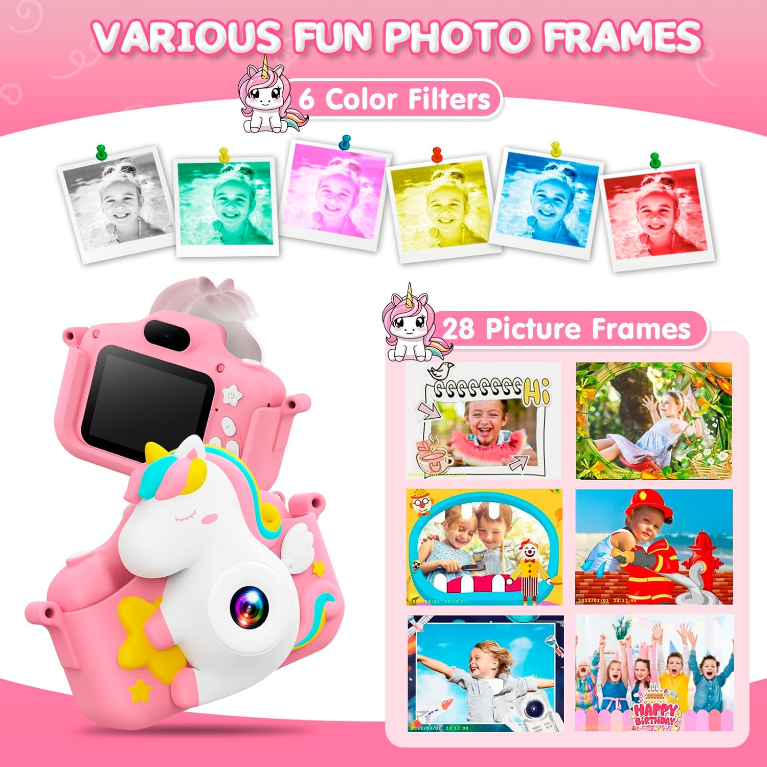 Thumbnail 4 de CAMCLID Macchina fotografica per bambini con custodia in silicone, schermo IPS da 2" e video 1080P (rosa, 3-12 anni)