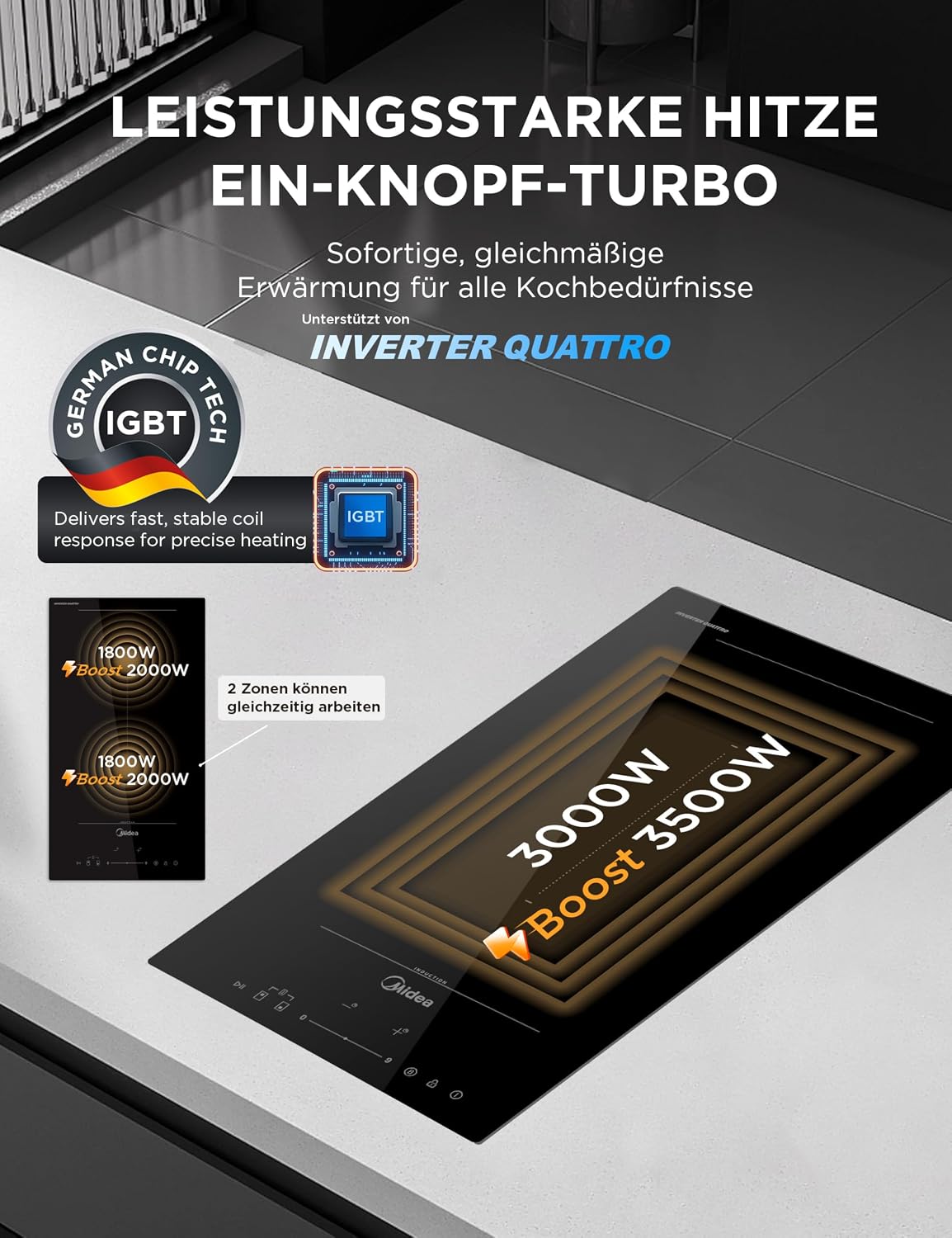 Detalle de MIDEA Induktionskochfeld mit Flexzonen – Glaskeramik, 220–240V, Berührungskontrolle