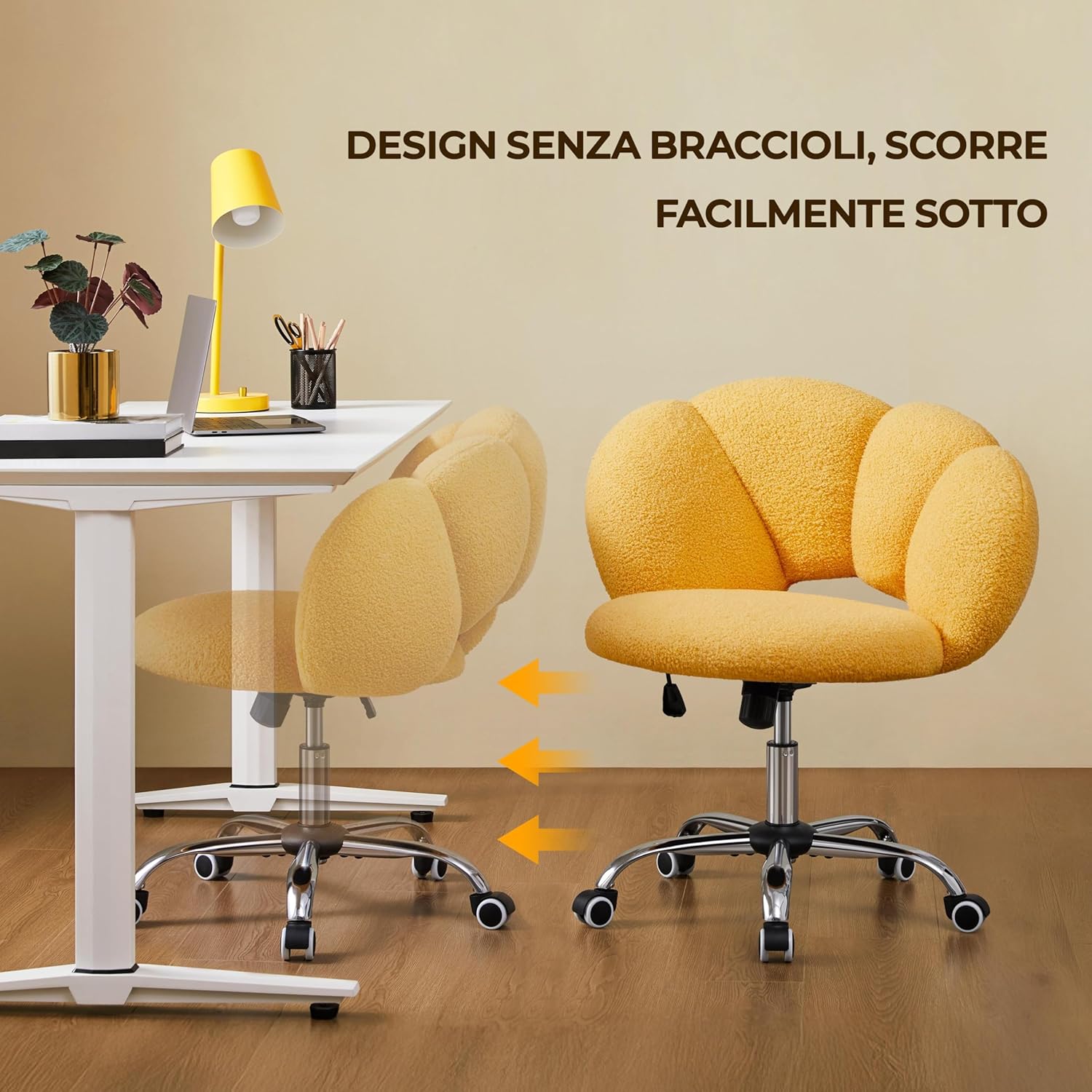 Thumbnail 6 de Yaheetech Sedia da ufficio con schienale a “nuvola” in tessuto bouclé, senza braccioli, altezza regolabile giallo