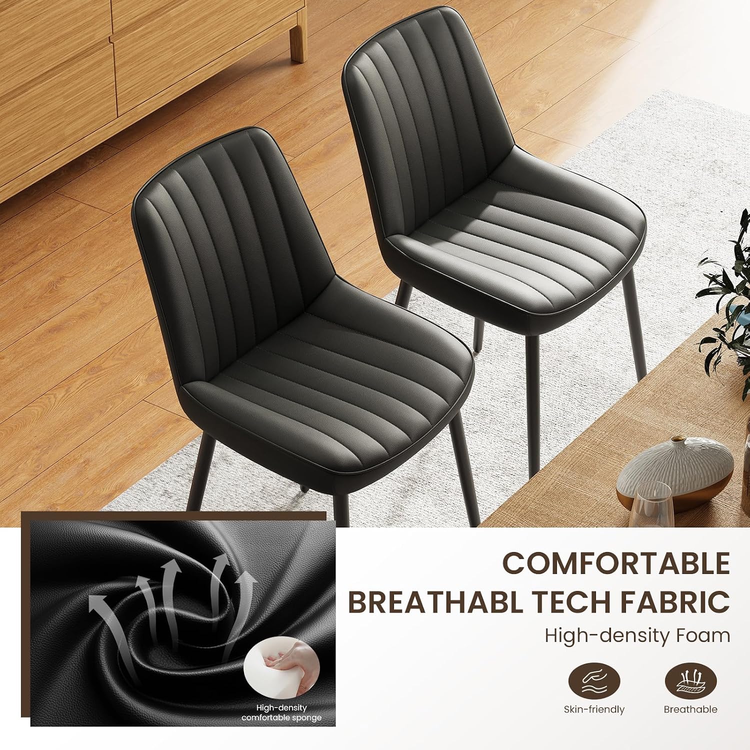 Detalle de COLAMY DCM18 Dining Chairs, Set of 2, Black Tech Fabric, Curved Backrest