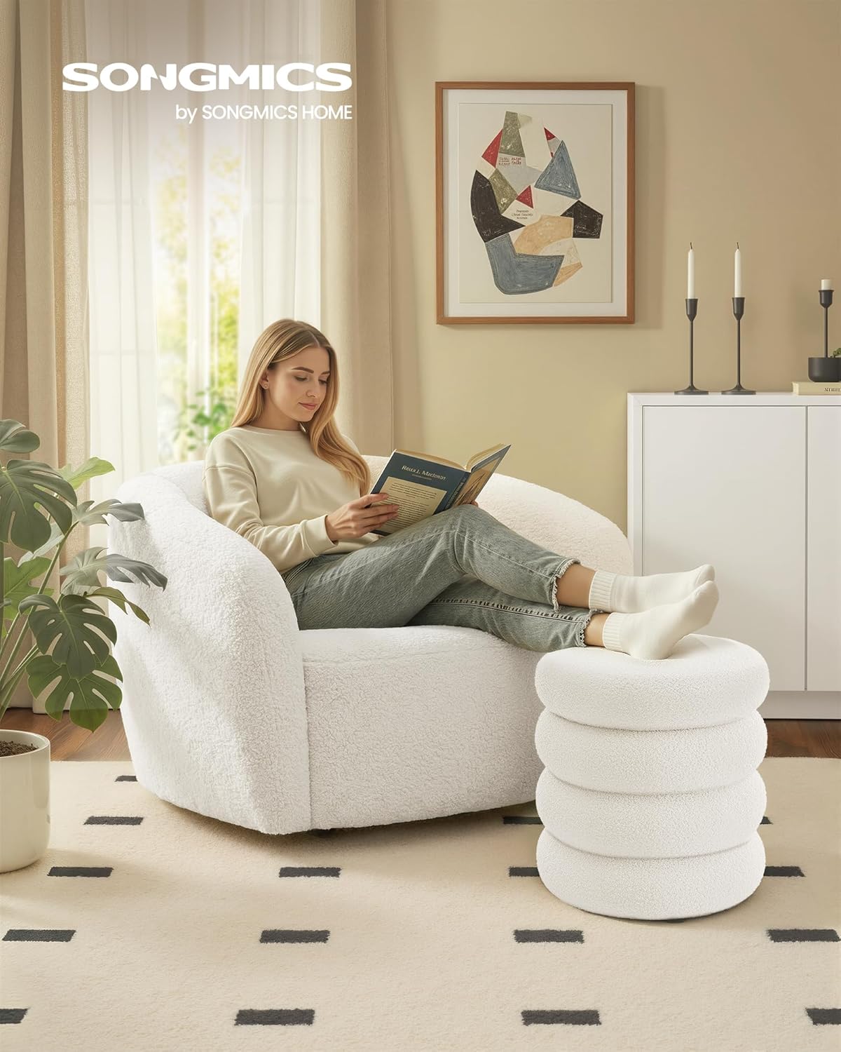 Detalle de SONGMICS Sgabello Trucco LOM015WD01: pouf contenitore rotondo imbottito con coperchio rimovibile
