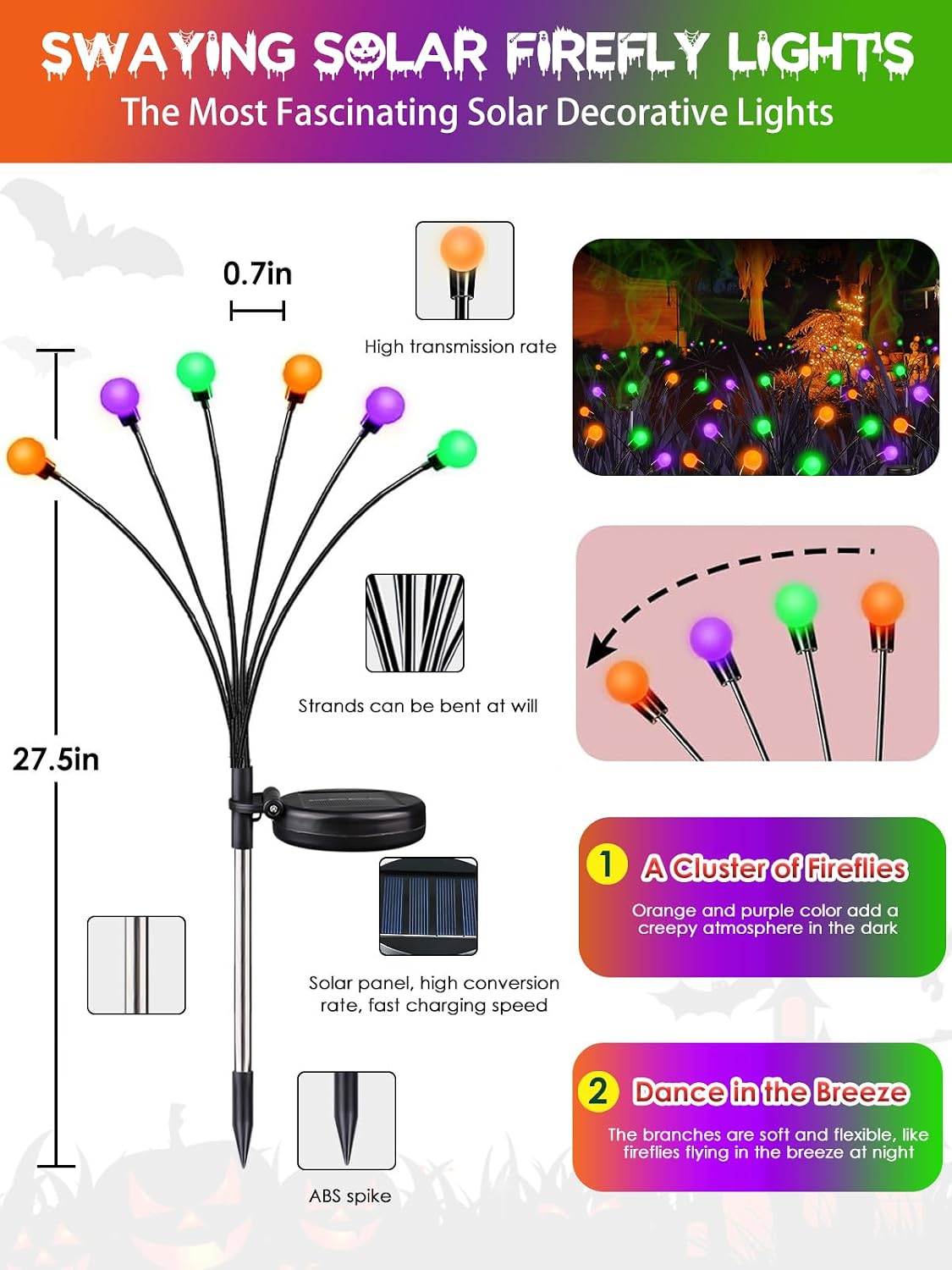 Detalle de SANJICHA 6-Pack Solar Firefly Lights, Halloween Outdoor Decor, 2 Modes