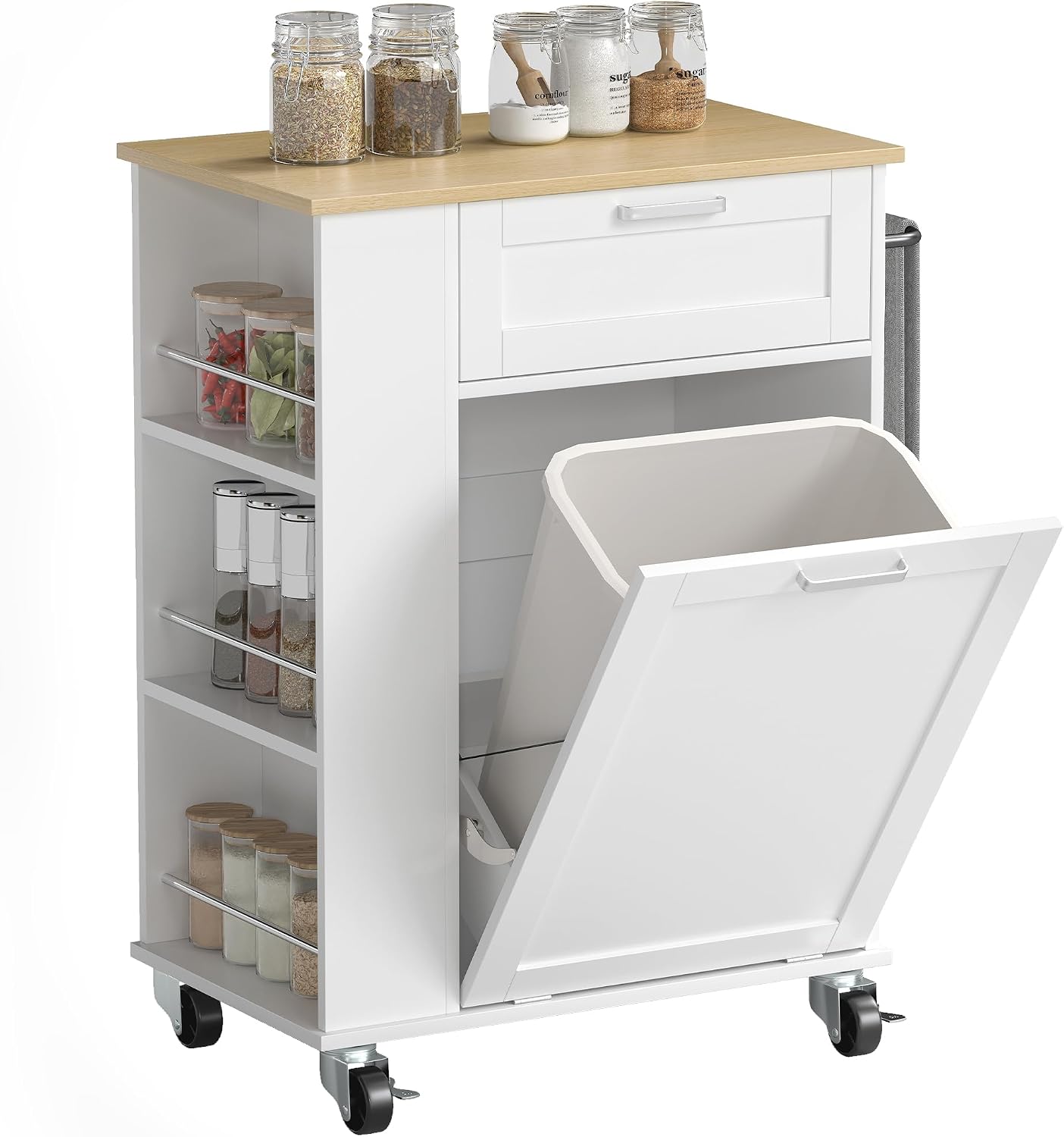 Detalle de HOMCOM 801-414V80WT Kitchen Storage Trolley, White, with Tilt-Out Cabinet