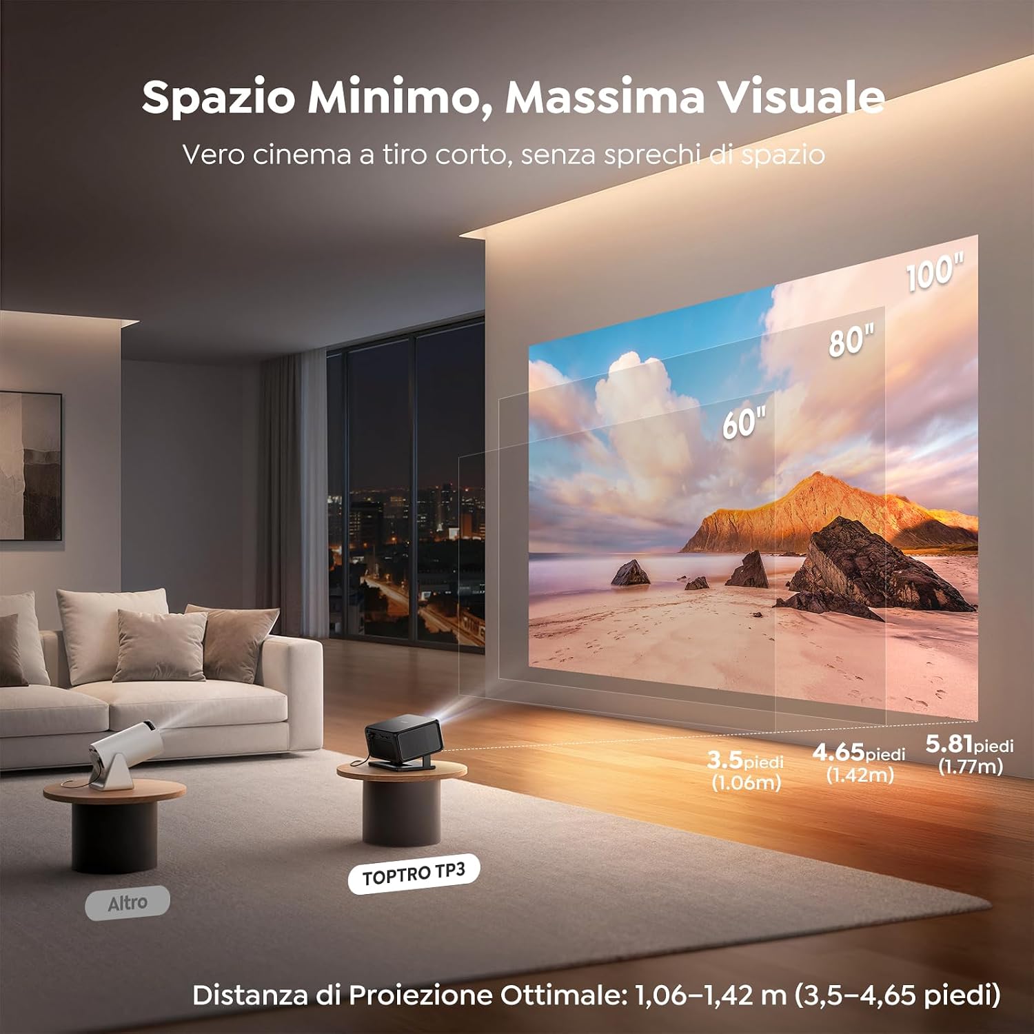 Detalle de Proiettore 4K con Google TV e autofocus AI TP3 (tiro ultracorto, 6D keystone, Wi‑Fi 6, Bluetooth 5.3)