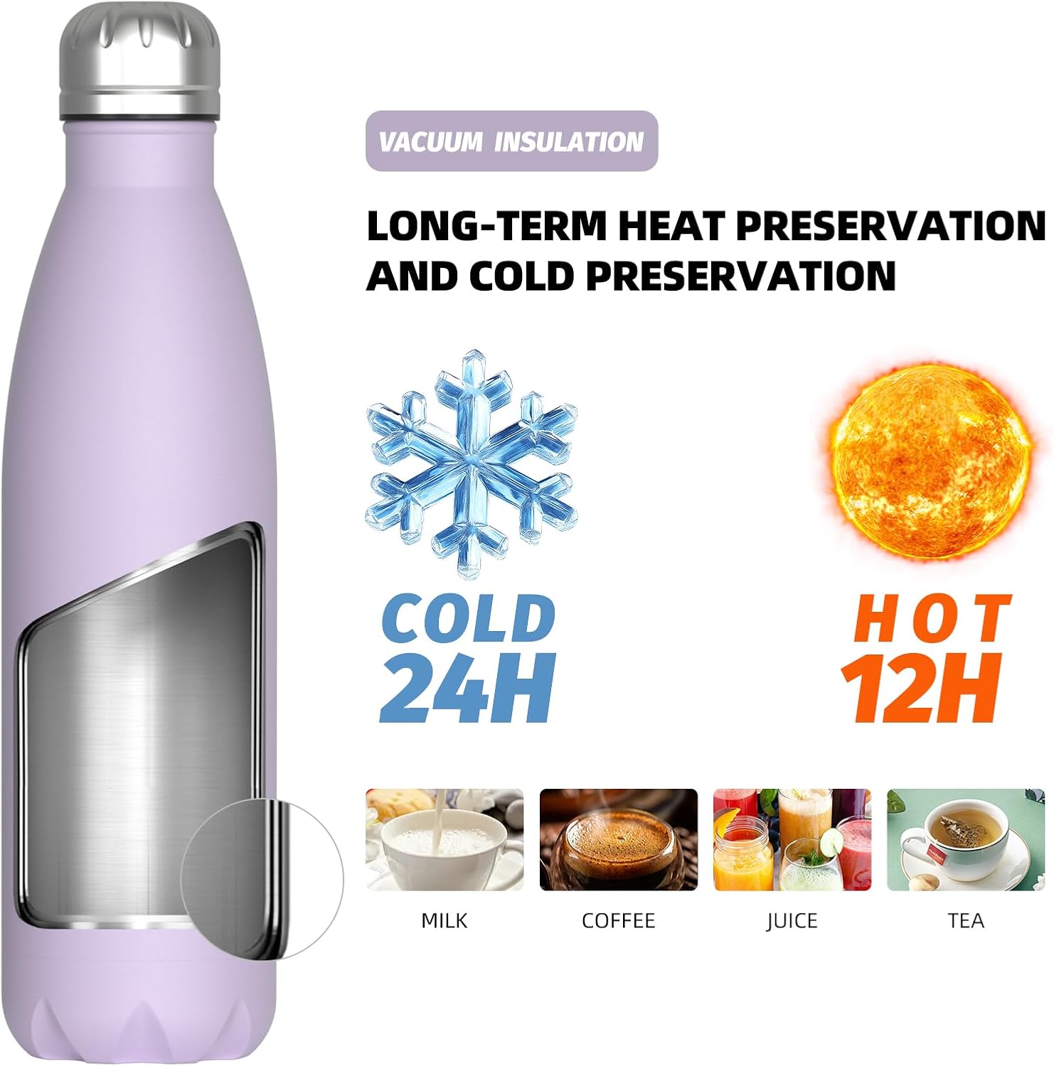 Detalle 2 de WATERSY Stainless Steel Insulated Water Bottle (Lilac) – Double-Walled Vacuum Flask, 500ml