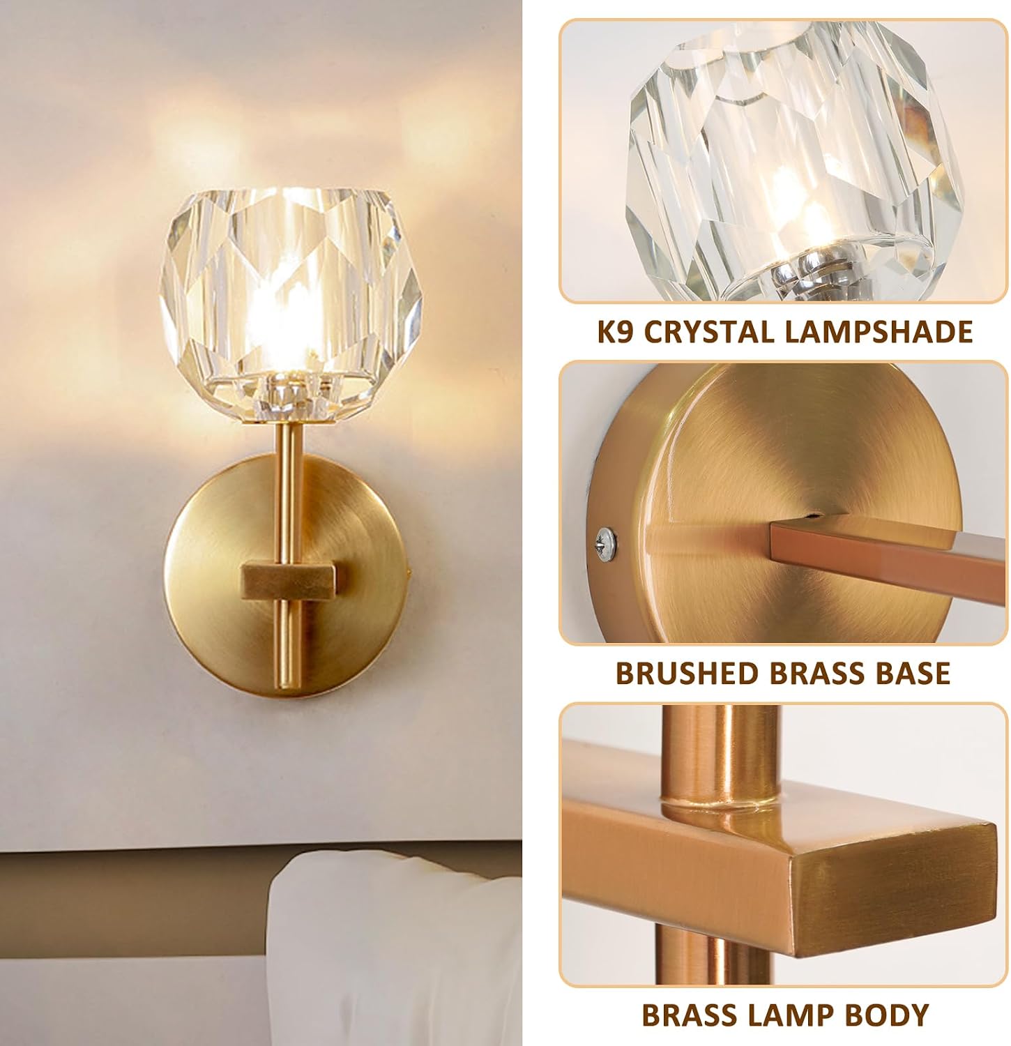 Detalle de CRFASIBE YG-BD-01 wandlamp met K9-kristal, goudkleurig en warmwit G9-licht