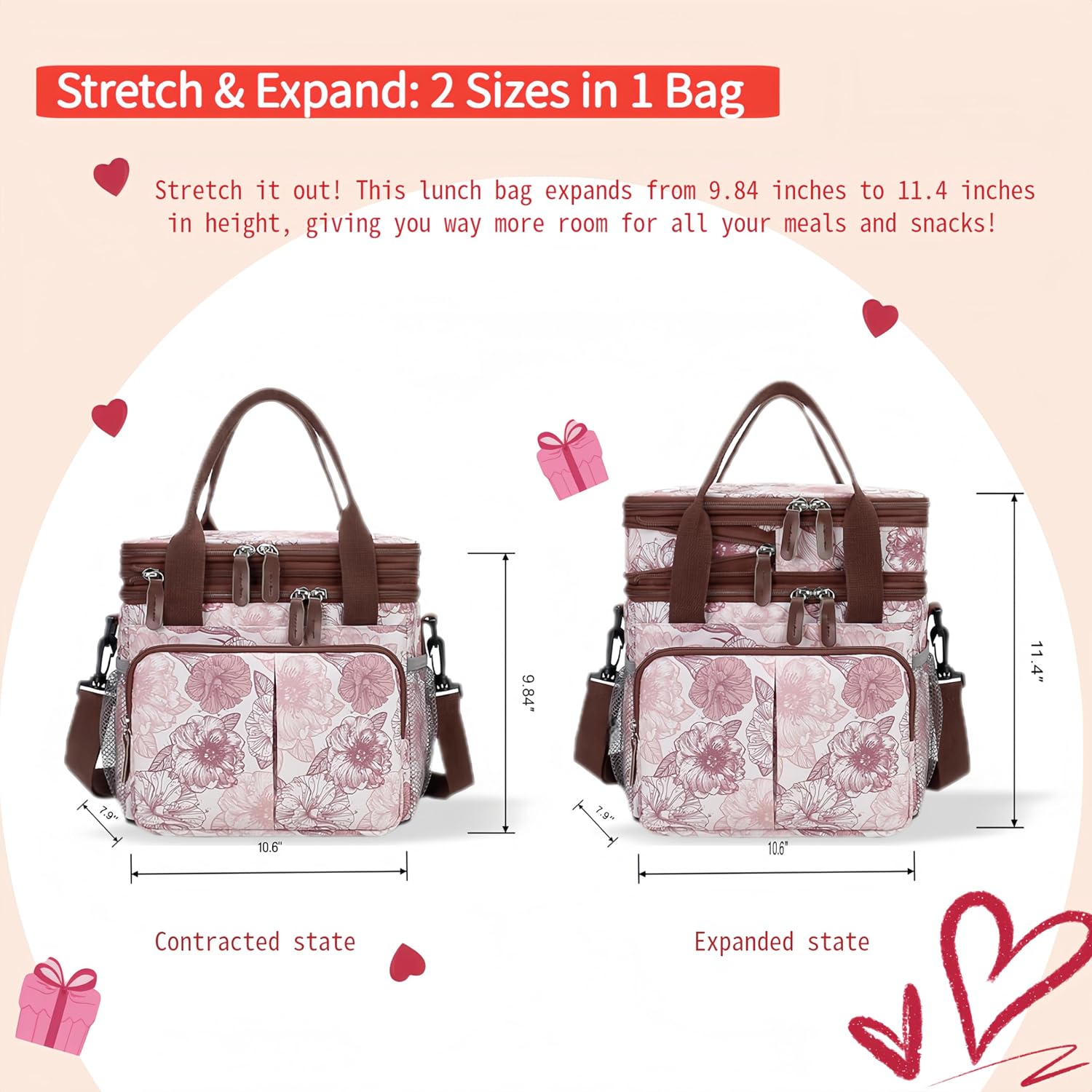 Detalle de leocwen leocwenbag-1 Insulated Lunch Bag, 15 L, Pink Floral, 8 Pockets