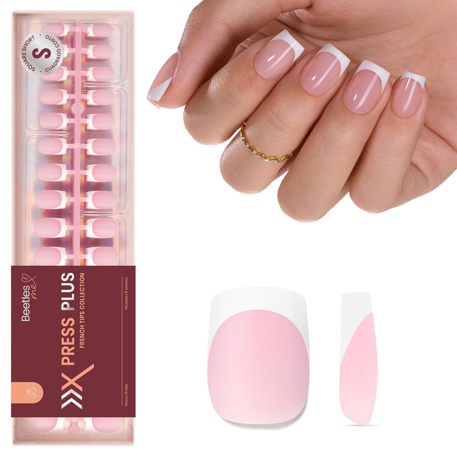 Detalle de beetles French Press On Nails 150er Set – kurze, quadratische Tips zum Aufkleben & DIY-French-Tipp