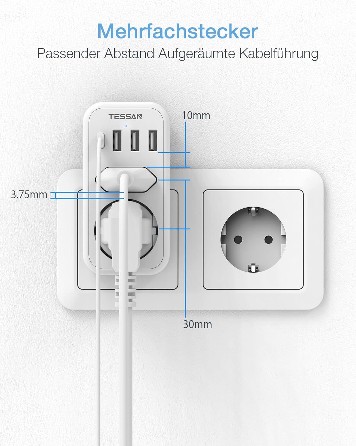 Detalle 2 de Doppelstecker für Steckdose von TESSAN – 2 Fach mit USB-C & USB Anbindung