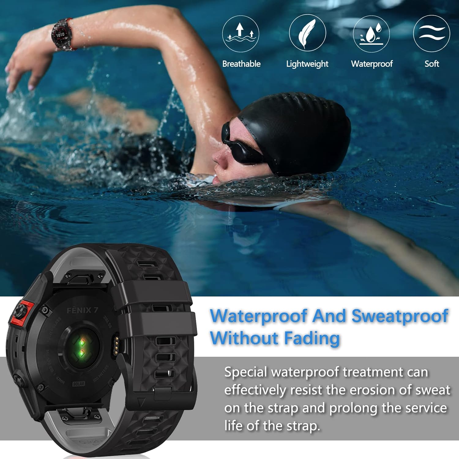 Thumbnail 2 de LanQii 22 mm QuickFit Silikon-Armband (schwarz/grau) für Garmin Tactix 8 & Fenix 47 mm