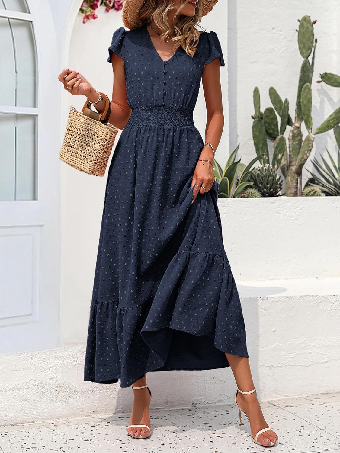 Detalle 2 de PRETTYGARDEN Women's 2026 Summer Maxi Dress — Boho Swiss Dot with Cap Sleeves