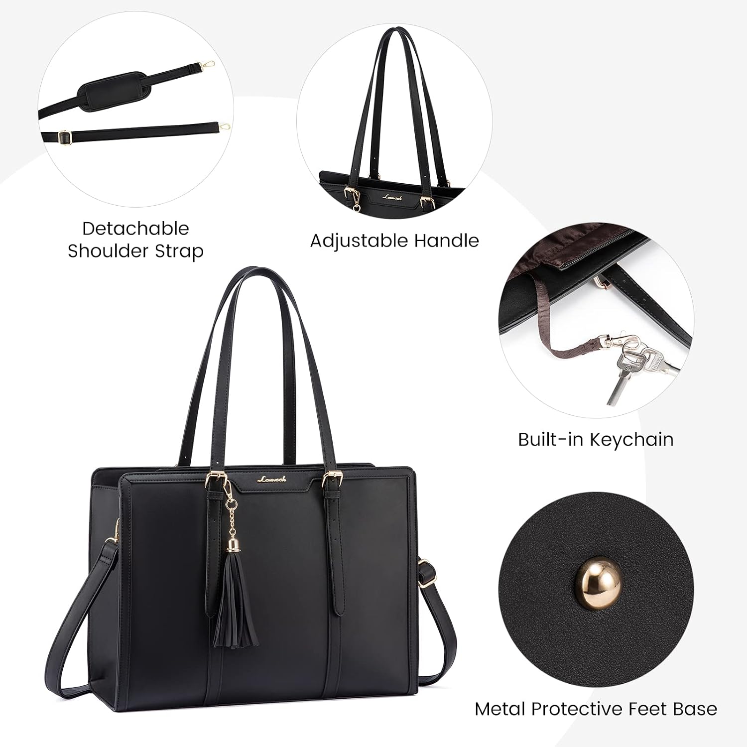 Detalle 2 de LOVEVOOK Women’s Laptop Bag for 15.6-inch Laptops (Black & Leather) with Clutch