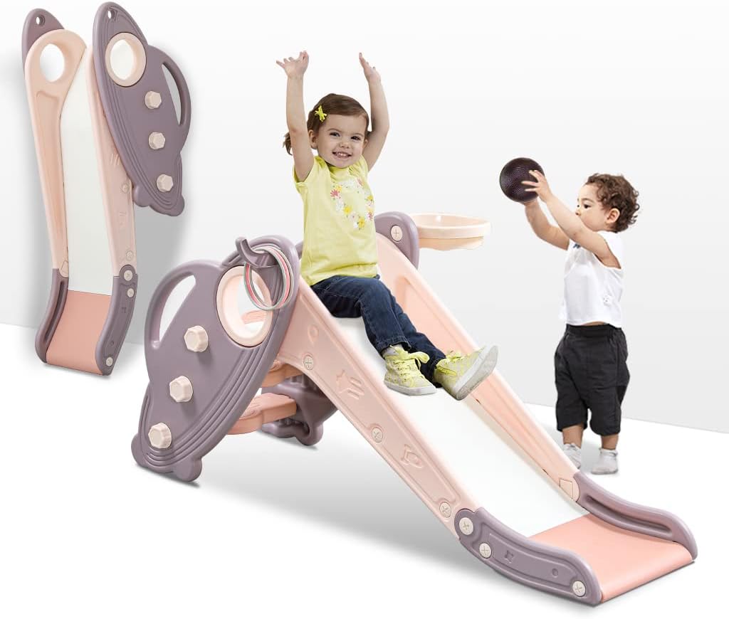 Detalle de Onasti Kids Slide for Toddlers: Freestanding, Foldable Indoor/Outdoor Playset with Climber, Basketball Hoop & Ring Toss (Pink)