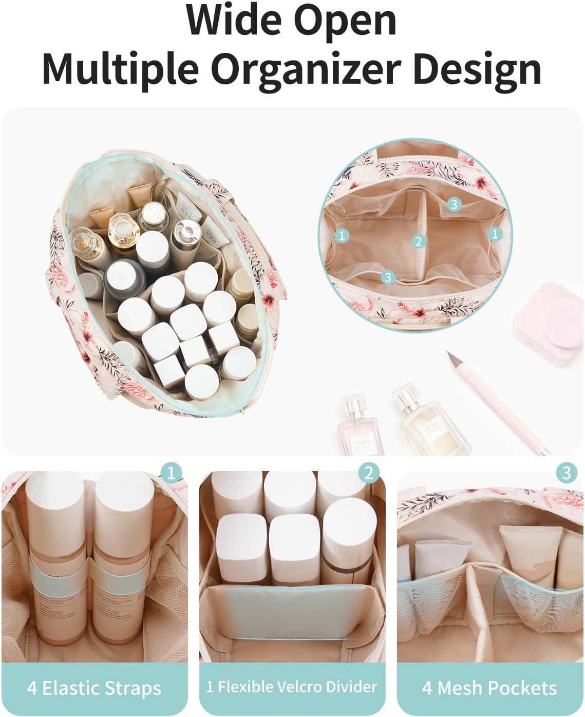 Detalle 2 de Narwey Groß Kosmetiktasche Beige Flamingo – Kulturbeutel Reise Organizer