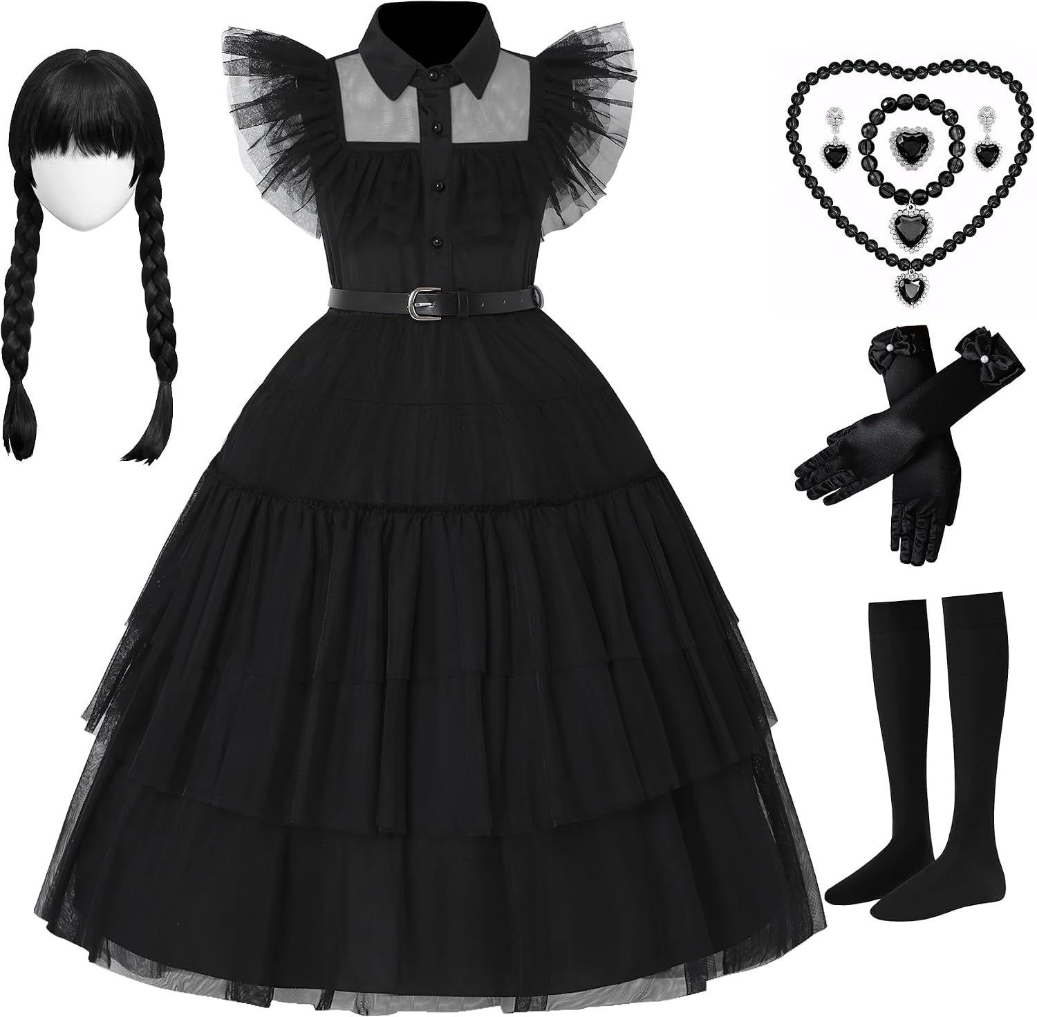 Detalle de ZapLute ZPT1361 Girls’ Black Costume Dress with Wig and Accessories