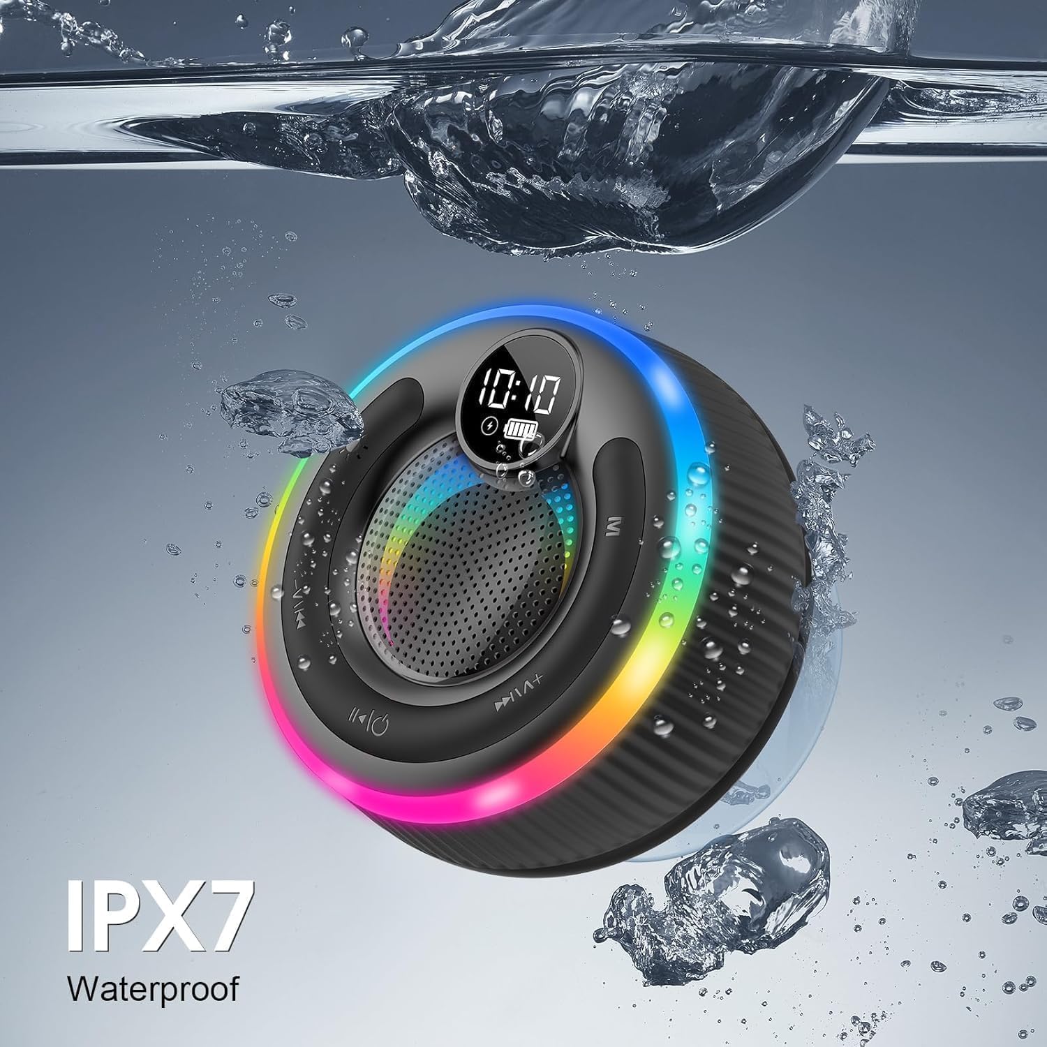 Detalle de AOSRAU Bluetooth Shower Speaker (2025) – 360° Stereo, IPX7, 8h, RGB Lights with Display