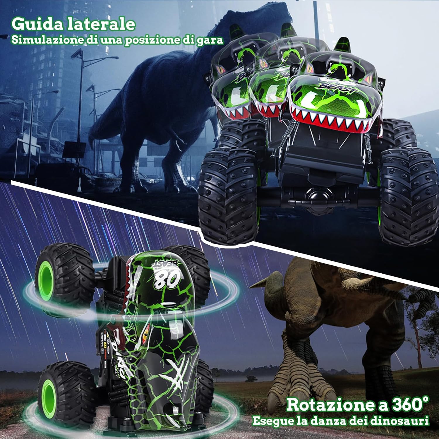 Detalle 2 de IEEILULU Macchina Telecomandata Monster Truck con LED: dinosauro su ruote per bambini 8–14 anni