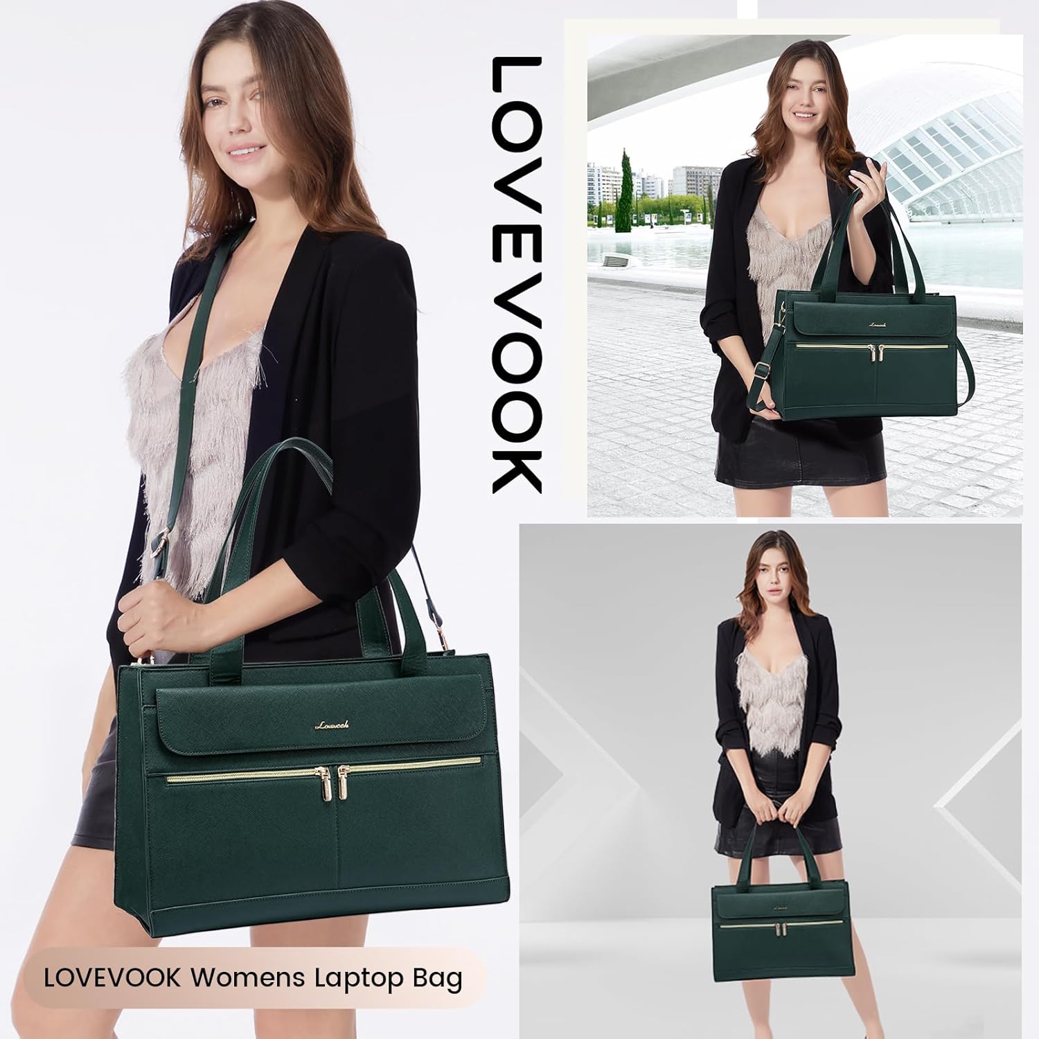 Detalle de LOVEVOOK Laptop Tote Bags for Women (15.6 inch) with Laptop Compartment, Green PU Leather Office Shoulder Bag