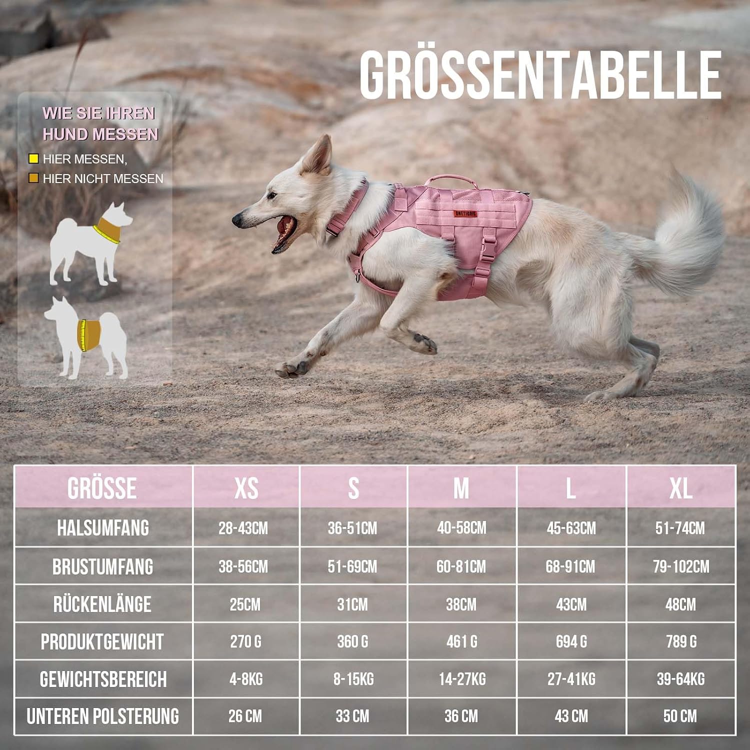 Detalle 2 de OneTigris AIRE MESH Hundegeschirr Anti-Zug für große Hunde (rosa, Größe L)